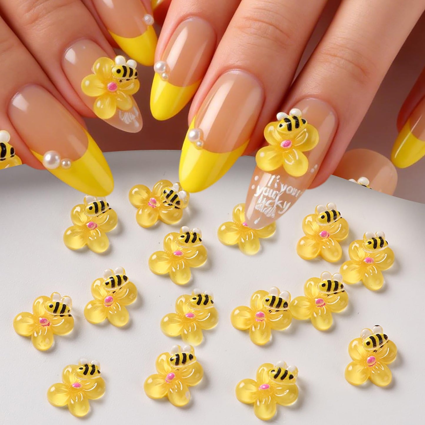 Flowers Bees Nails Art Decoration Spring Summer Acrylic Nails Supplies Holographic Relief Cute Cartoon Bee Flower Nail Ornaments Acrylic Jewelry Studs Nail Art Flakes for Women Manicure Decor