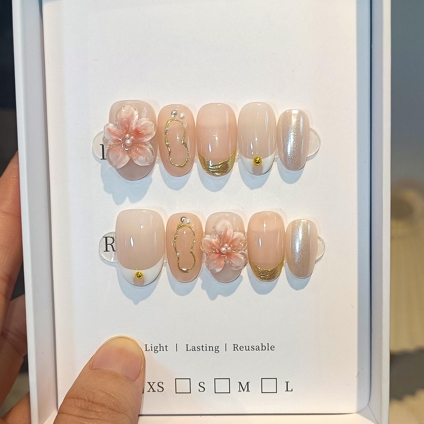 TENPAL Handmade Press on Nails Short Oval Shape,Frosted French 3D Floral Nails with Iridescent Accents,Nude Pink False Nails Kit 10pcs,Ethereal Elegant Designs Fake Nails for Daily(M)