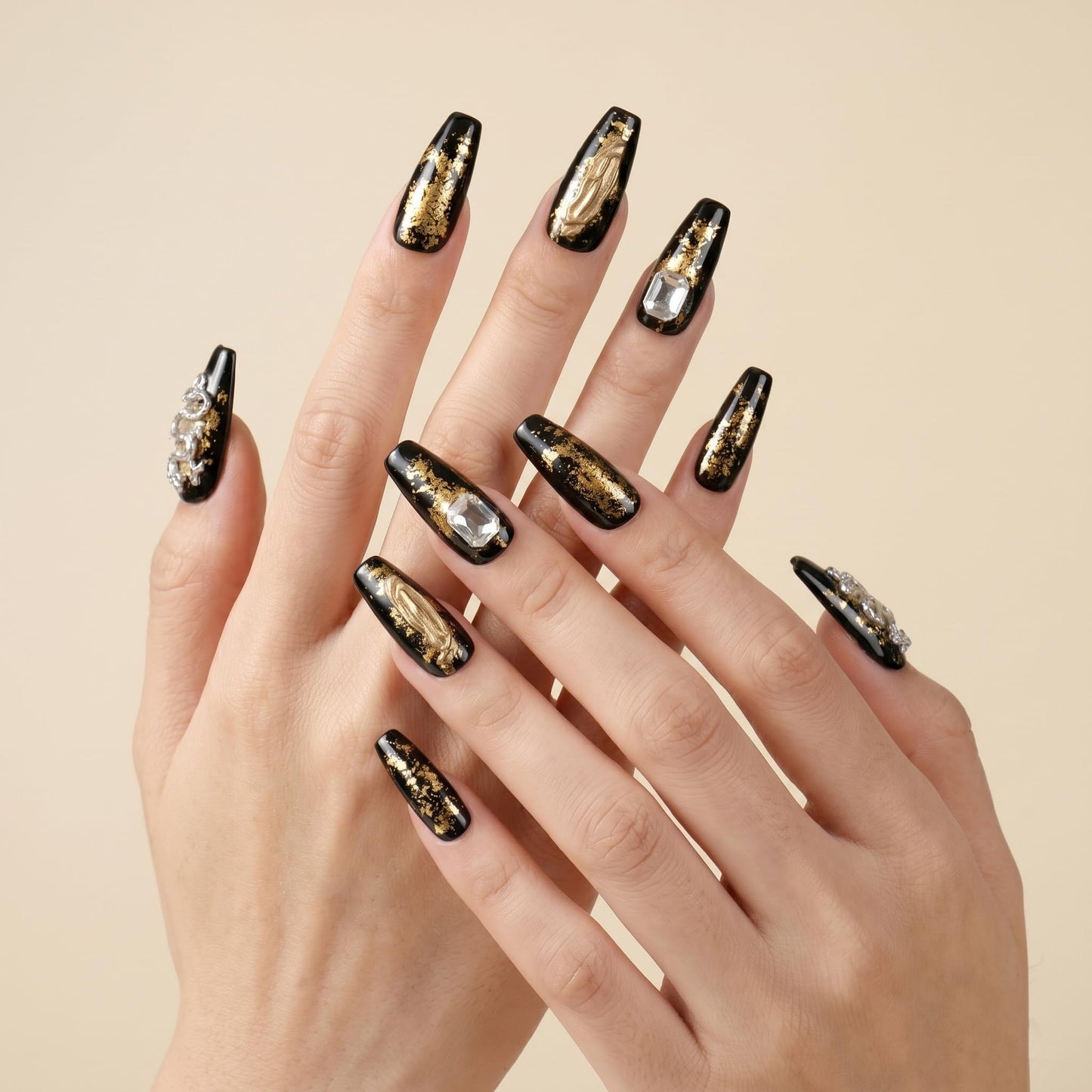 Sun&Beam Nails Handmade Long Coffin Ballerina Black Gold False Nail Tips with Cute 3D Dragon Popular Charm Design Press On 10 Pcs (#52 M), FN-HM-052-M.AU