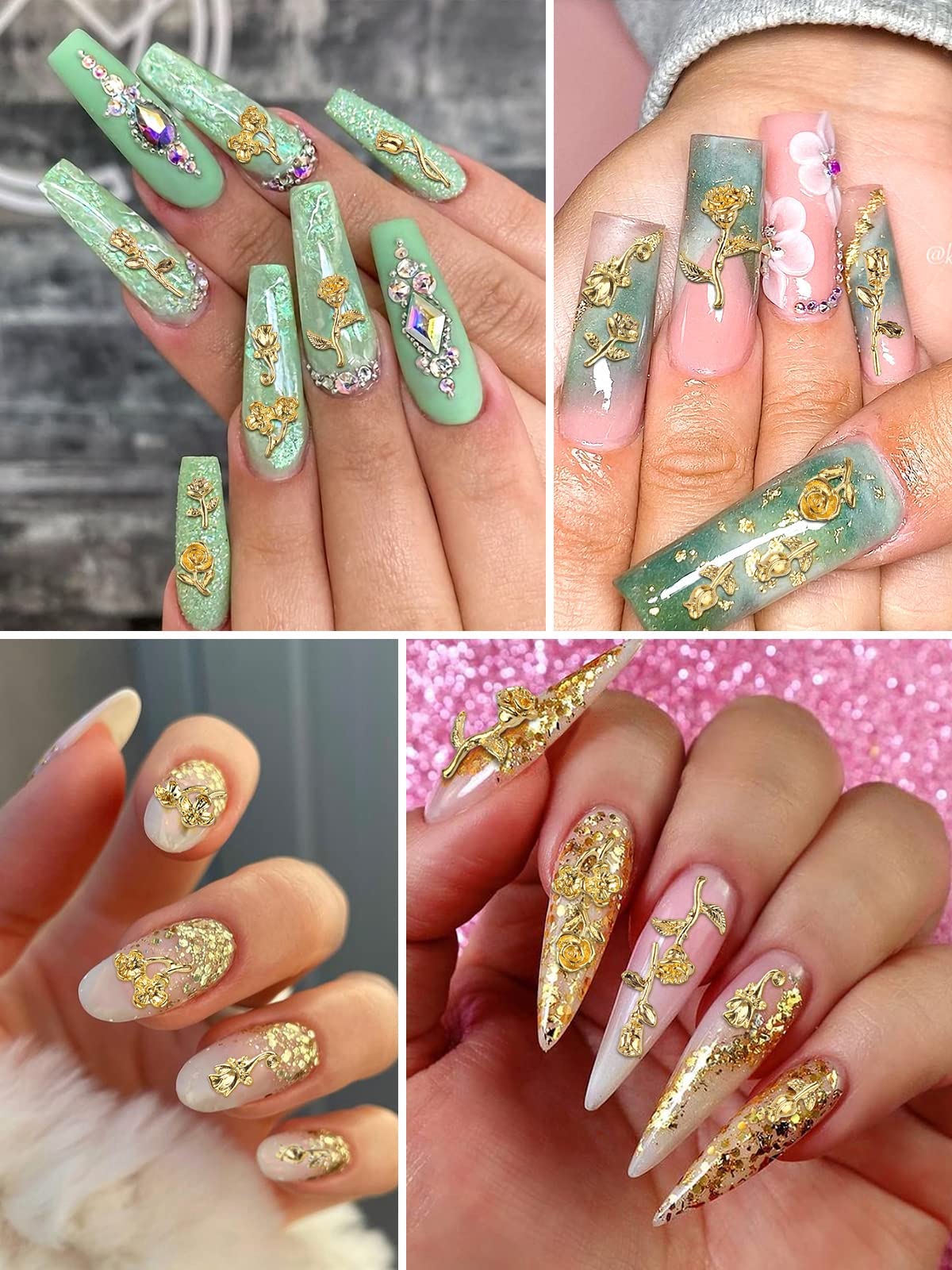 TOROKOM 120 PCS 3D Gold Rose Nail Art Charms Romantic Flowers Nails Decorations Alloy Nail Charms for Girls Women DIY Nail Design Craft Jewelry Making