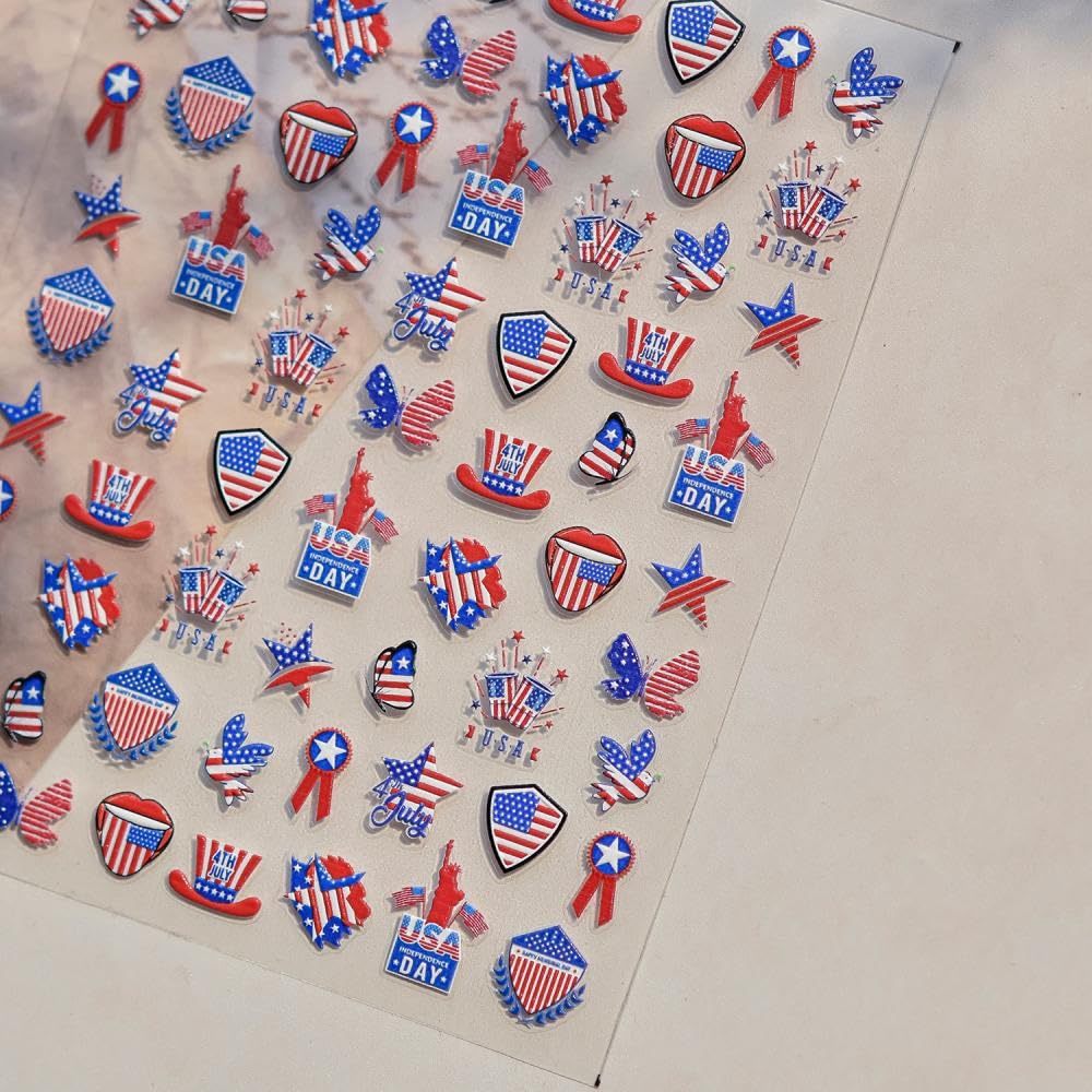 Independence Day Nail Stickers 5D Embossed Red Blue Star Summer Nail Decals Self-Adhesive Peace Dove Uncle Sam Hat Nail Designs 4th of July Nails Art Decoration for Women Manicure 1 Sheet