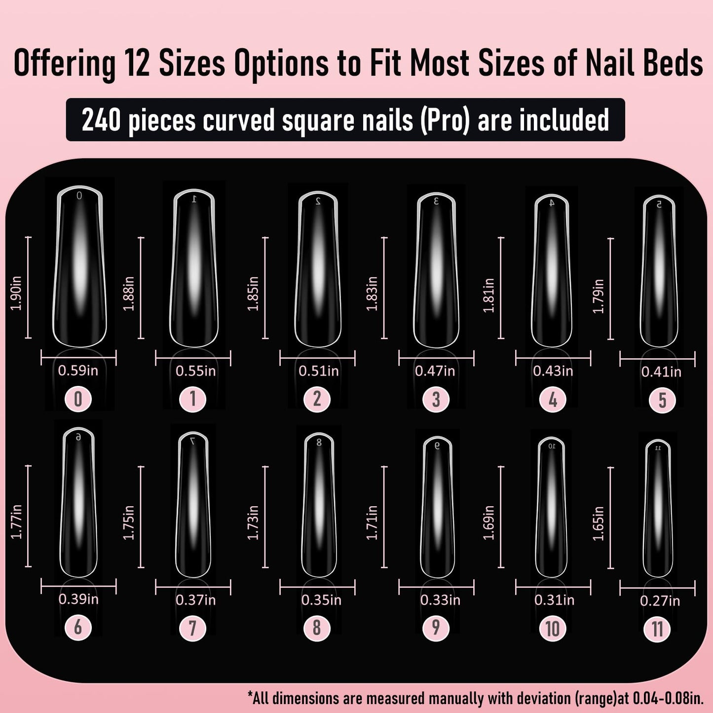 Wellquinn Curved Nail Tips Square Press on Full Cover Thicker Extra Curve Gel x Thick Long Acrylic Fake Nails, Clear Hard Gel French XXL False Nails for Nail Extension 12 Sizes 240 Pcs Q54 Pro