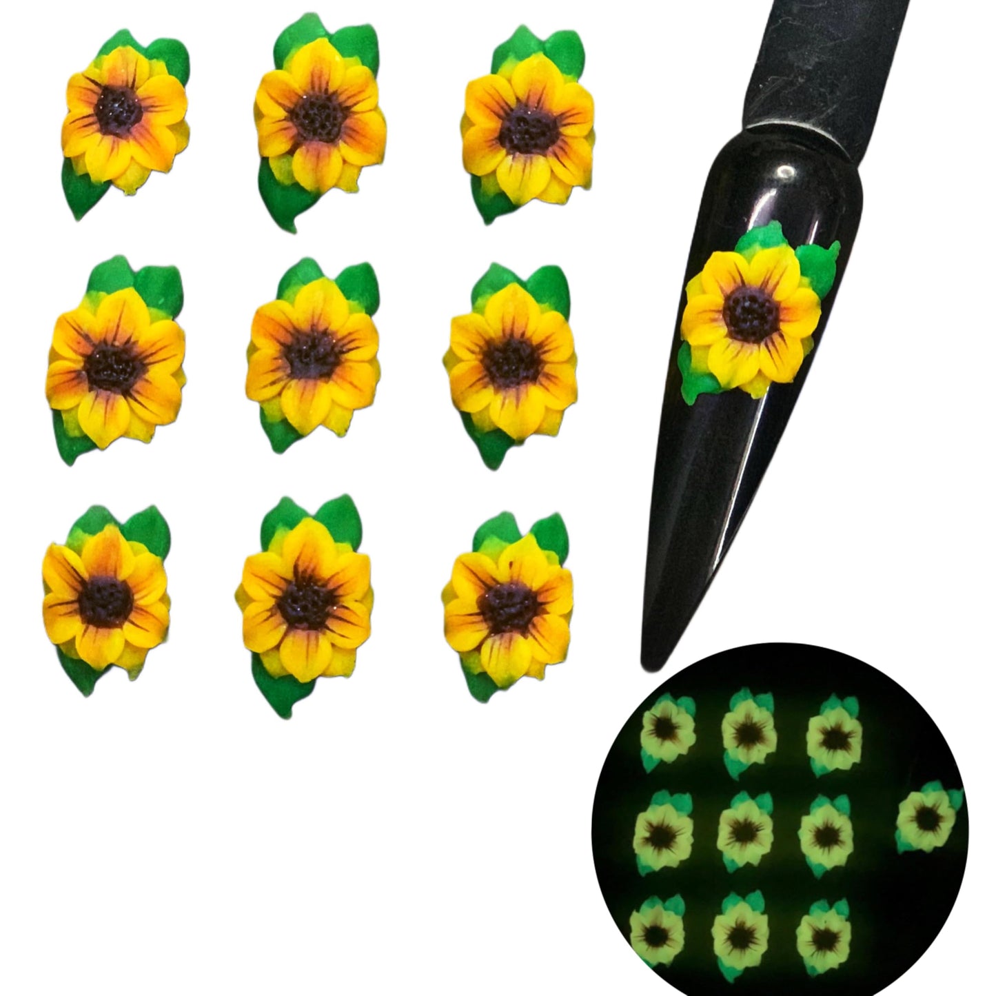 Set 10Pcs 3D Sunflowers Flower -Nail Art Charms Handmade by Acrylic Powder Design Floral Salon Decor,3D -Flowers -Nails -Charms For Women Girls (Sunflower GLow In Dark-10Pcs)