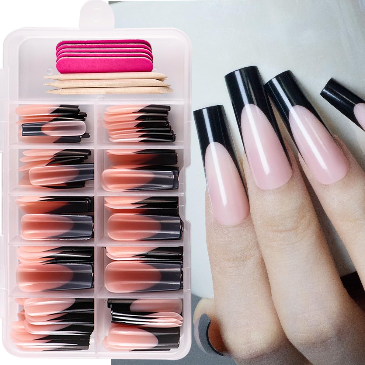 120 Pcs French Tip Press on Nails Long Square Fake Nails Black French Nail Press ons Full Cover Nude False Nails Artificial Acrylic Glue on Nails for Women Girls Finger Nail Manicure Kit