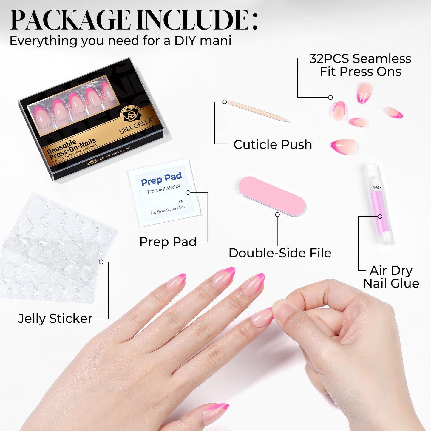 UNA GELLA 32Pcs Soft Gel Press on Nails - 16 Sizes Hot Pink Summer French Tip Almond Glue on Nails, Reusable Neon Pink False Nails, Full Cover Acrylic Nail Kit for Women DIY Home Manicure