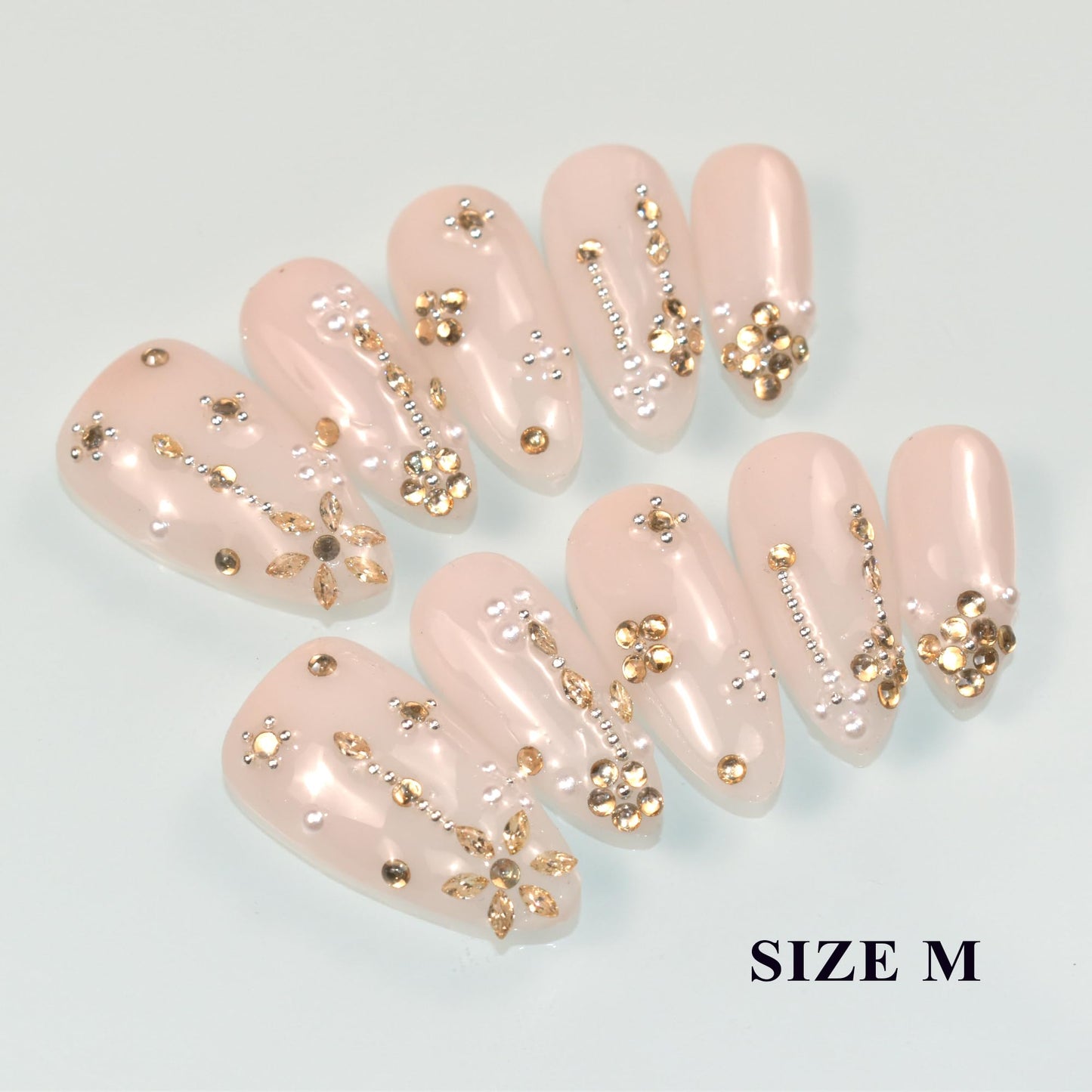 LIFOOST Manual Fake Nails Glossy Pure Color Nude Medium Almond Press On Nail Pile Beads and Rhinestones Luxury False Tips for Women Bride Autumn and Winter Manicure 10 Pcs