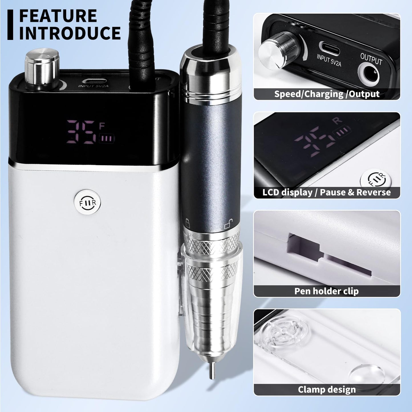 Moskany Professional Electric Nail Drill Kit White Portable Rechargeable Cordless Nail File Machine 35000 RPM with 7PCS Bits for Acrylic Gel Powder Nails Polish Pedicure Toenail Tool Salon Set