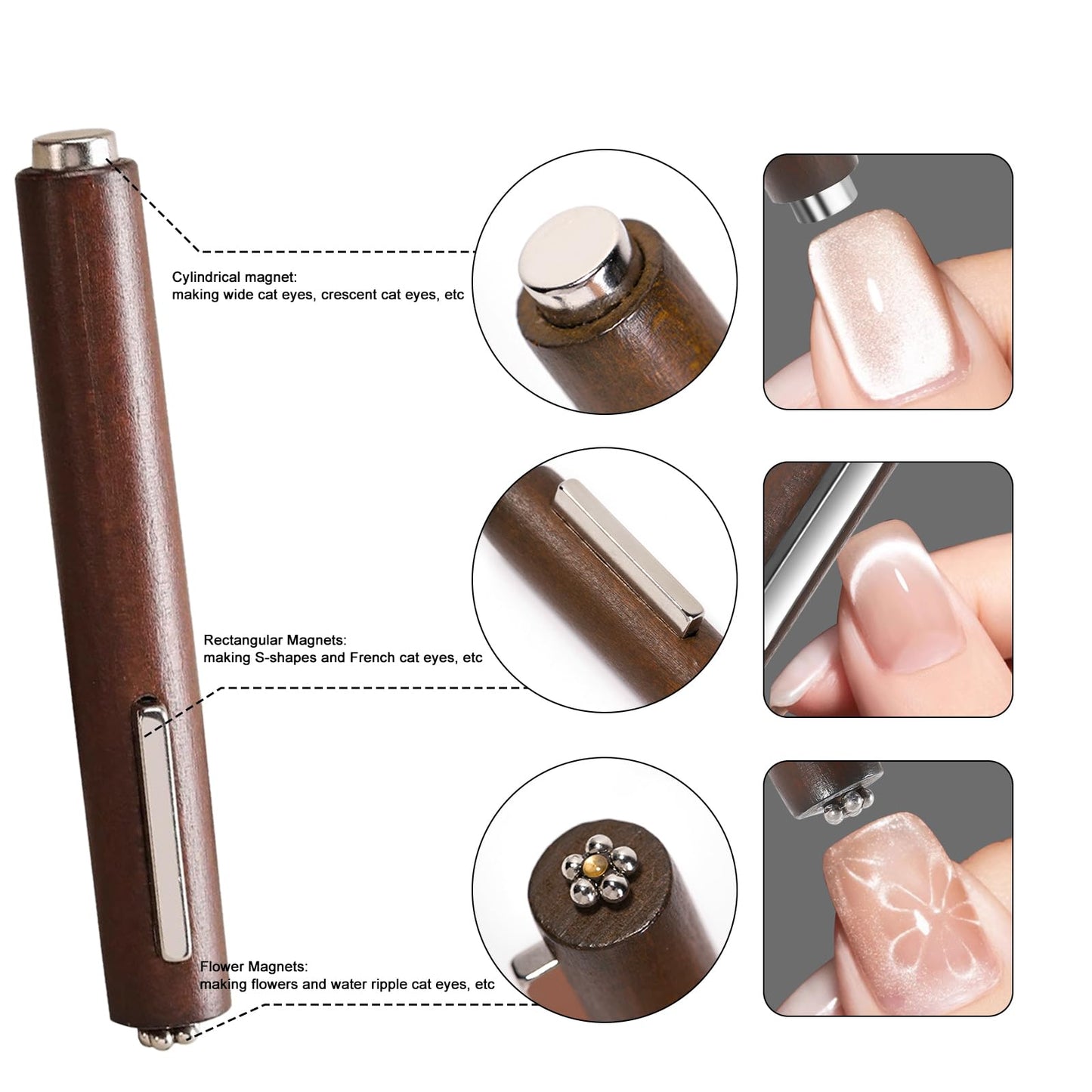 SILPECWEE 9pcs Cat Eye Nail Magnet, 3 In 1 Strong Magnetic Cat Eye Gel Nail Polish Magnet, Y-Shaped Guide Stick for Heart Effect, Nail Art Tools for Nail Art Salon DIY Home