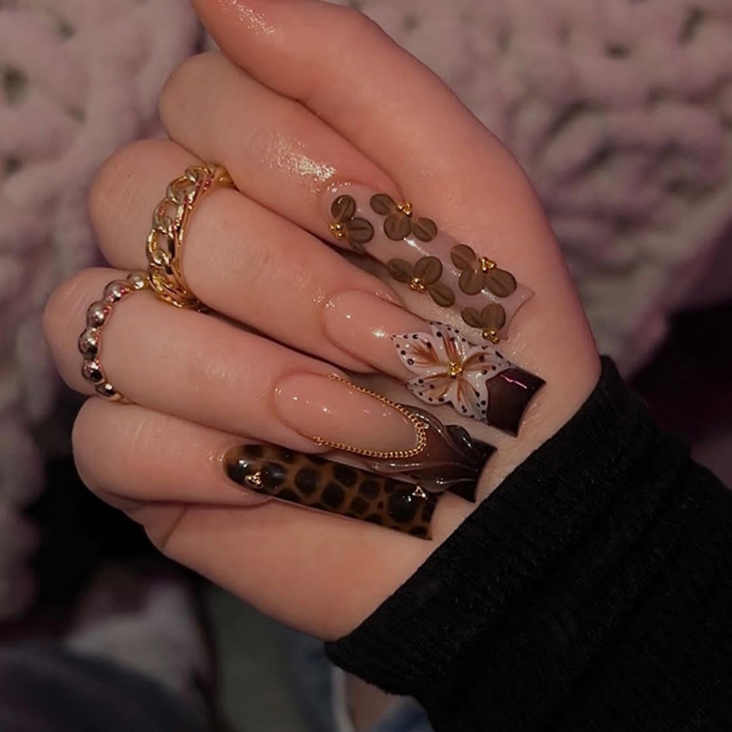 OCTOSWAVE Press on Nails Long Square Fake Nails Leopard Print 3D Flower Design Brown French Tip False Nails for Women Daily Wear Party 24 Pcs with Manicure Tools