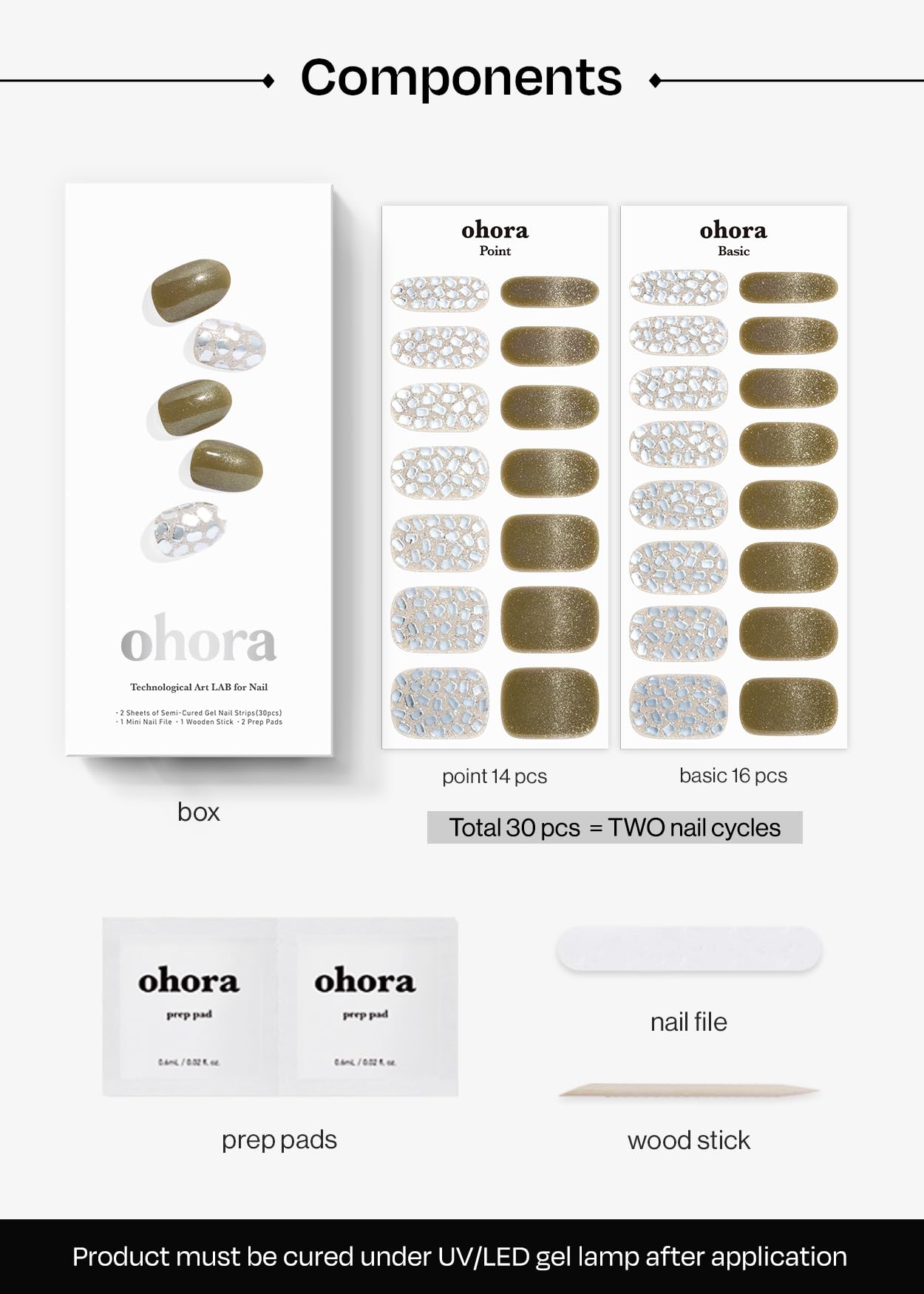 ohora Semi Cured Gel Nail Strips (N Olive Glow) - Works with Any Lamps, Salon-Quality, Long Lasting, Easy to Apply & Remove - Includes 2 Prep Pads, Nail File & Wooden Stick