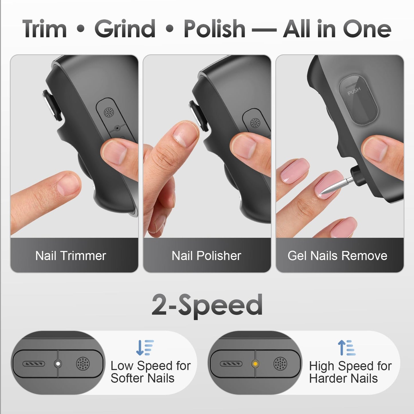 Electric Nail Clipper, 3 in1 Toenail Clippers & Nail Drill with Polishing for Fingers and Toes, Rechargeable Fingernail Trimmer with 3 Adjustable Speeds for Senior Adults Men Baby Caregivers