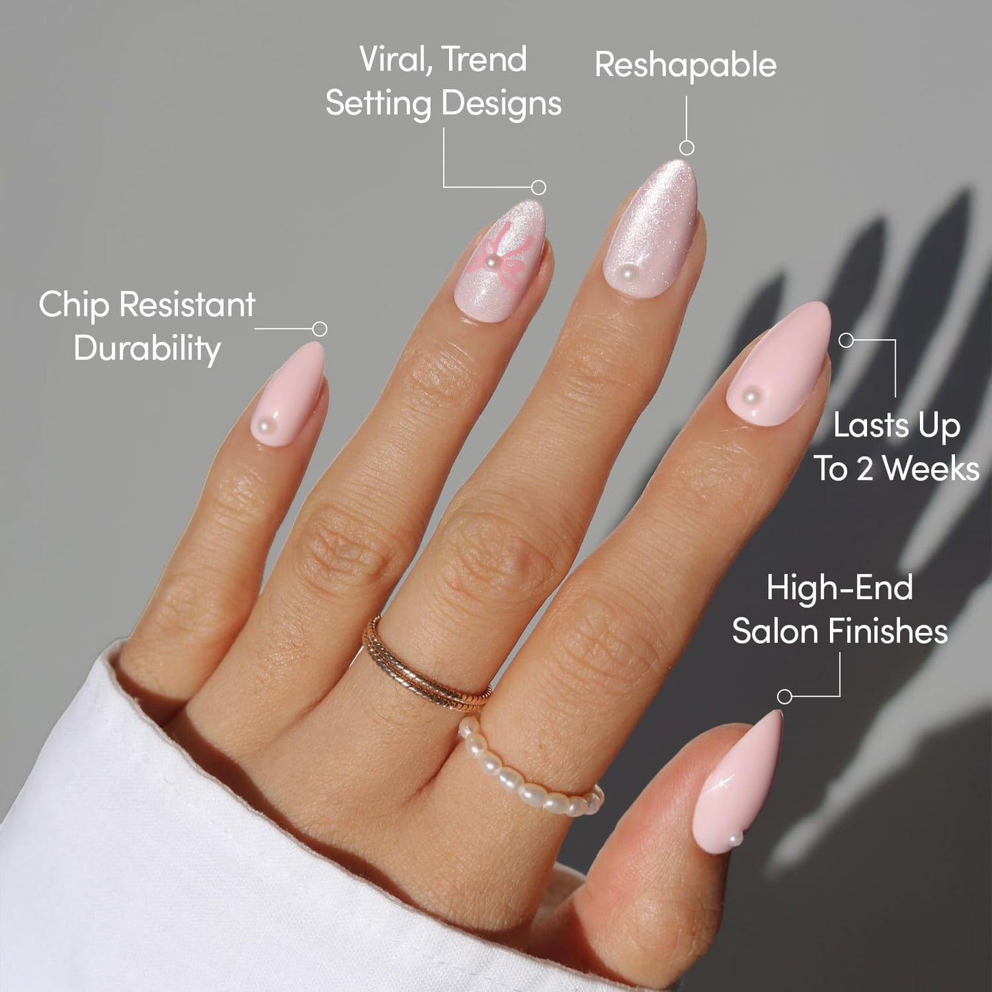 Glamnetic Press On Nails - Love Knot Spring Nails | Short Almond Fake Nails with 3D Pearls, Ribbon Bow Designs in a mix of Velvet & Glossy Finishes | 15 Sizes - 30 Nail Kit with Glue