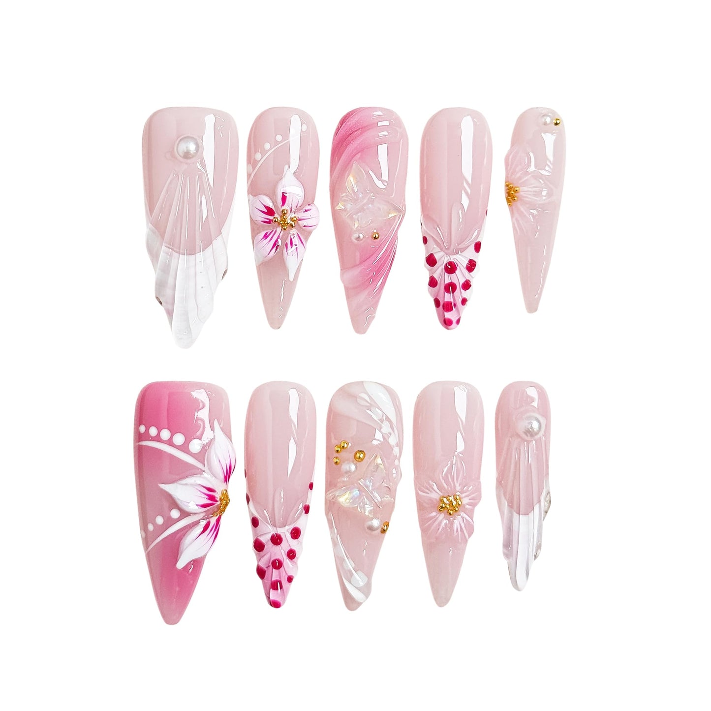 Petal Whisper 10PCS Long Pink Floral Gradient Press On Nails, 3D Flower Pearl Gold Accent Elegant Wedding Fake Nails for Women, Soft Glam Korean Style Acrylic UV Gel Press-On Nails Set (Pink, XS)