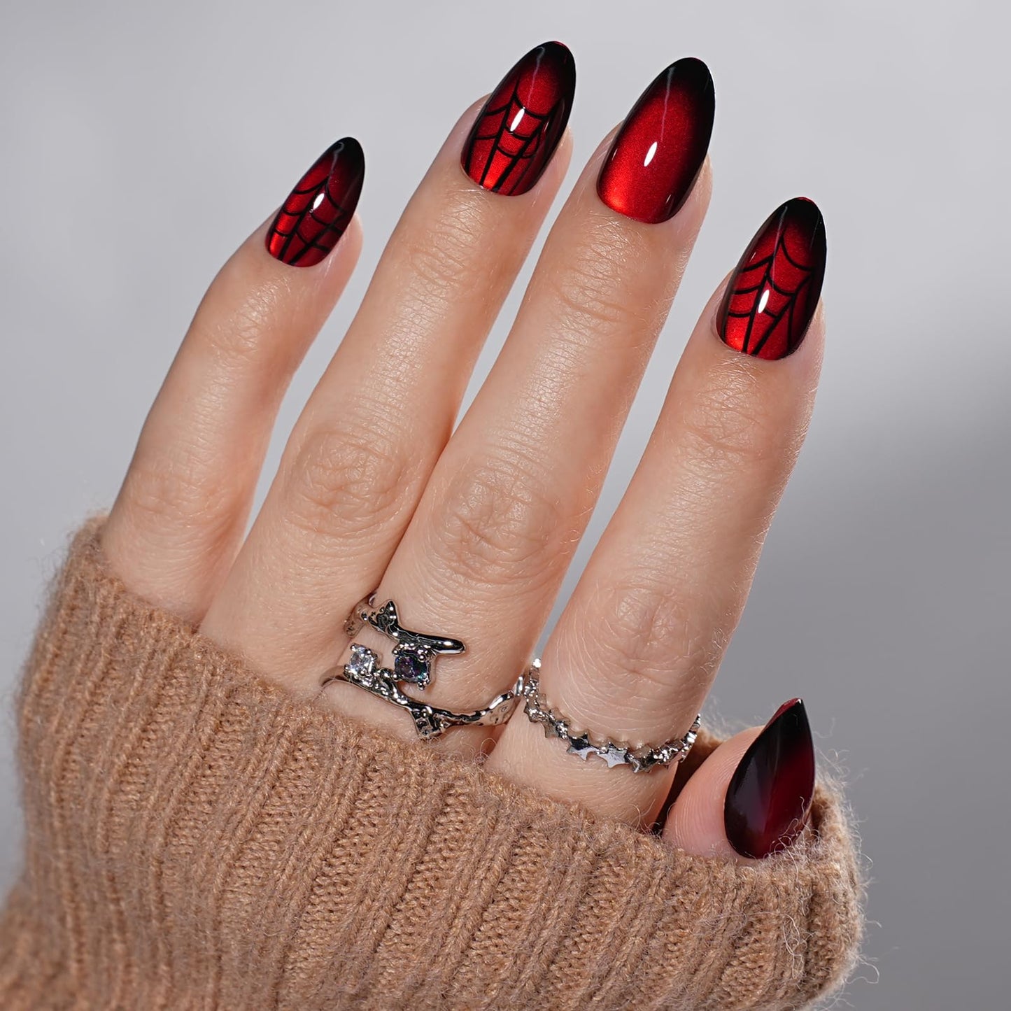 Sifvoo Red Spider Web Cat Eye Press On Nails Short Almond, Glossy Reusable Press On Nails for Women, 32 Count 16 Sizes Nail Kit with Glue (SV-10)