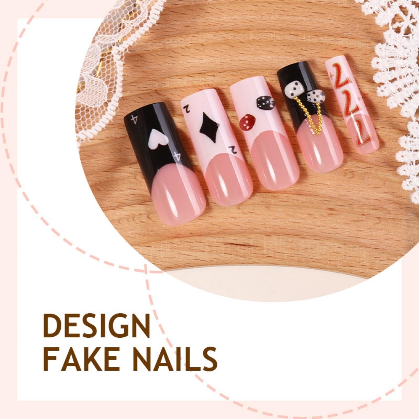 Pink & Black Poker Theme Long Square Press on Nails with Dice & Gold Chain Fake Nails Artificial Stick on Nails for Women, Casino Night Nail Art Set