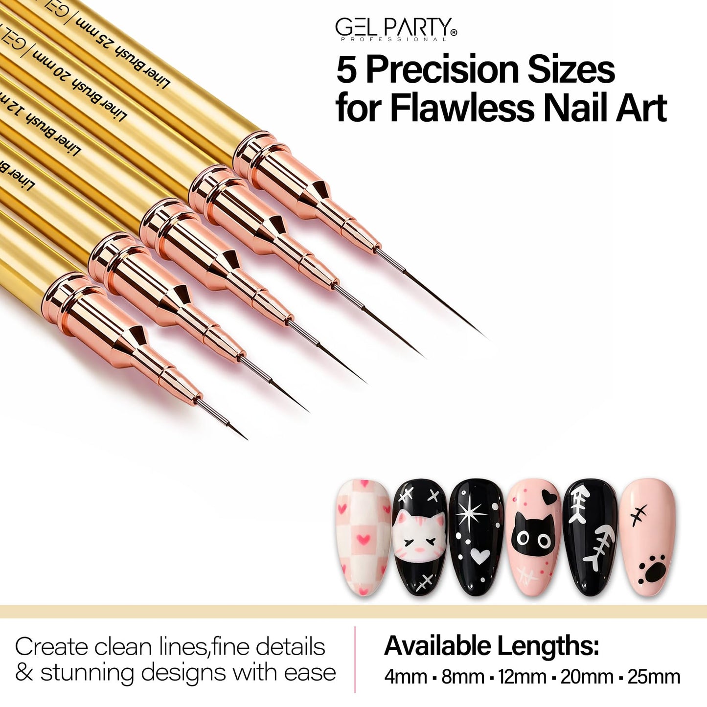 GELPARTY 7Pcs Gold Nail Art Brush Set - Professional Ultra-Fine Liner & Detail Brushes for Gel Polish & Acrylic Nails - Includes Agate Stone Palette & Brush Holder - Manicure Drawing Tool Kit