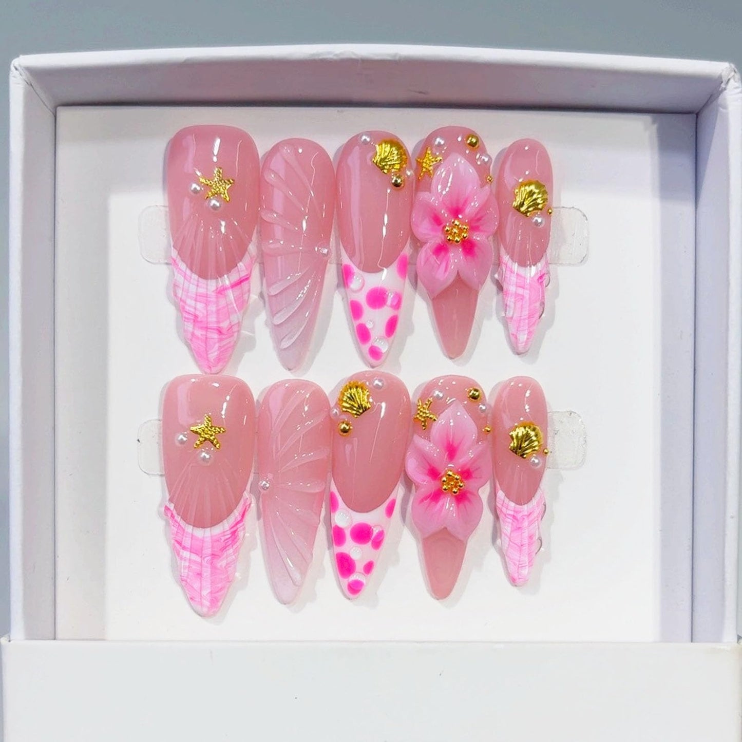 10 Pcs Handmade Press on Nails Long Stilettos Fake Nails with 3D Flowers Star Bell Charms Design Pink White French Tip False Nails Stiletto Press Ons Nails Acrylic for Women Wedding Manicure - M Size