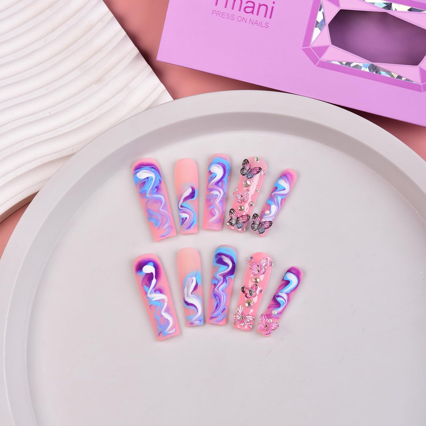 Tmani 10pc/set Long Handmade Press On Nail Hot Girl's Long Ballet Nails Square Nail Full of Diamond Glitter Decoration Fake Nails Suitable For Girls Festival Parties and Birthday Gift (204,L)