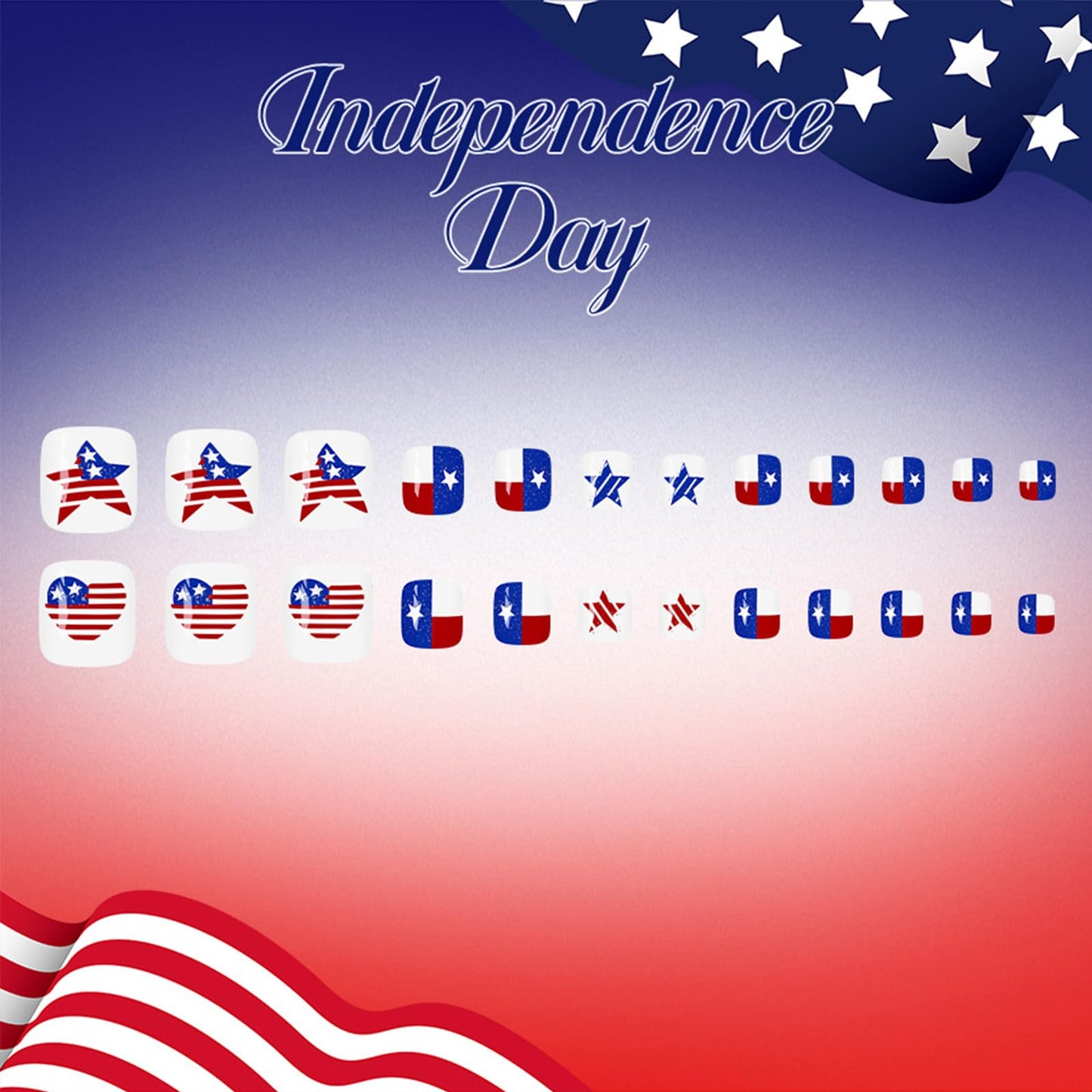 4th of July Press on Toenails Short Square Glossy Fake Toe Nails American Flag Star Heart False Toenails Red White Blue Checkered Toe Nail Press ons Acrylic Stick on Toes for Women 24Pcs