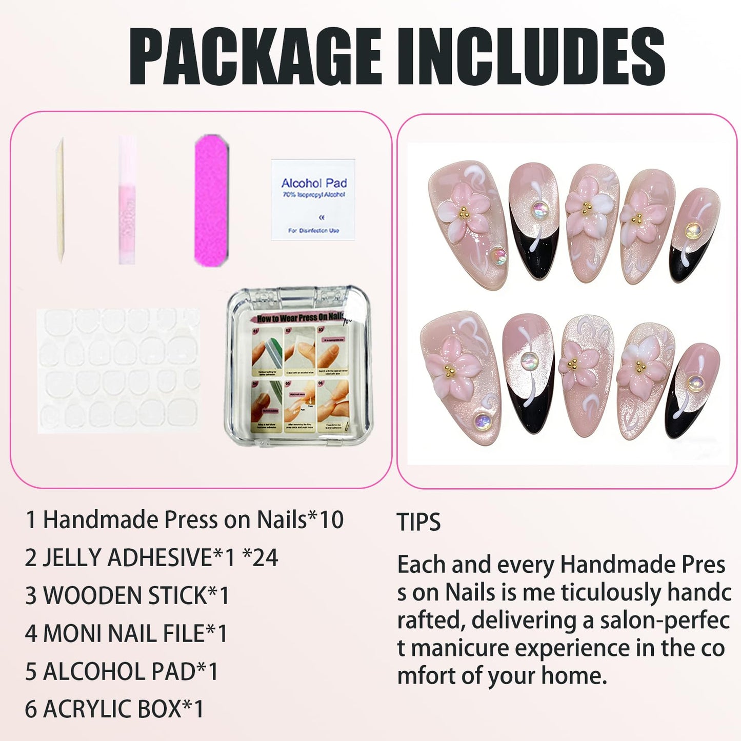 Handmade Press On Nails-3D Almond Pink Glitter Cats Eye Carved Flower,Wedding Prom And Festival Gift,Thick Acrylic and Muti-Layer Gel Reusable False Nails (L)