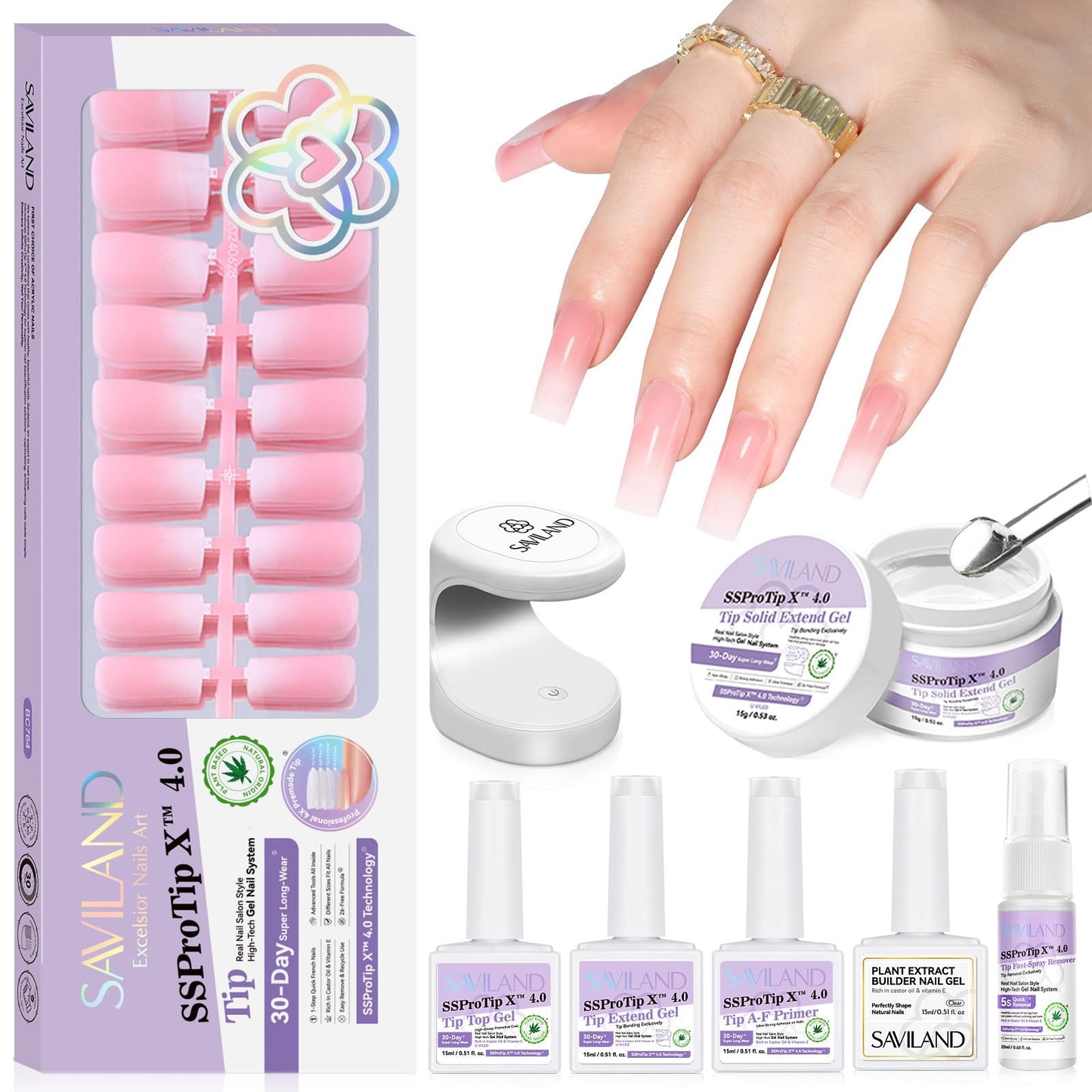 SAVILAND Press On Nails for Women: With Builder Gel for Nails 16 Sizes Long Square French Tip Gel Nail Kit Pink White Ombre U V Nail Glue and Remover Gels Lamp Top Coat and Primer Kit