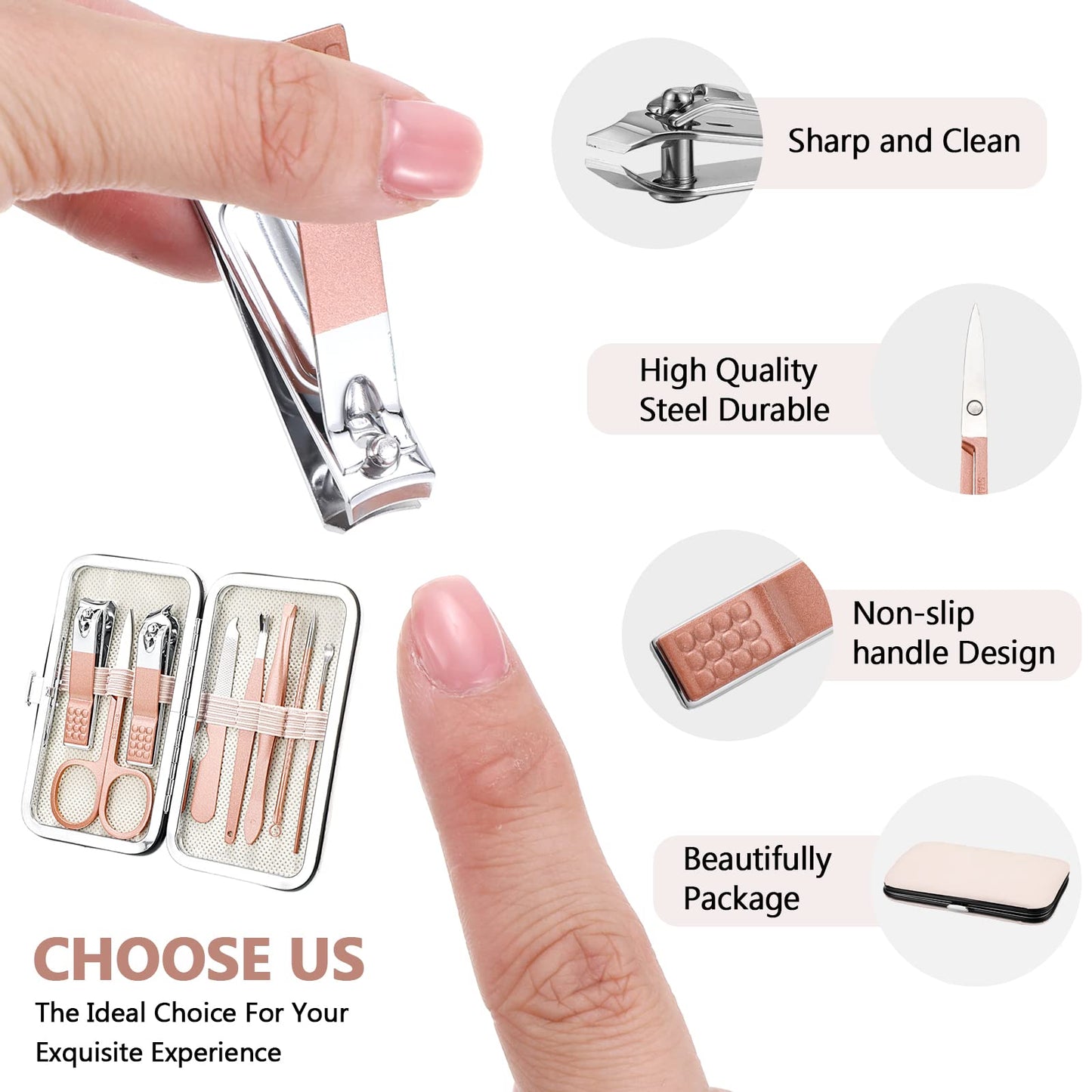 Geosar 12 Sets Manicure Set Nail Clippers Pedicure Kit 8 in 1 Grooming Stainless Steel Kits Nail Care Tools with Travel Case for Employee Coworker Teachers Nurse Gifts(Rose Gold)
