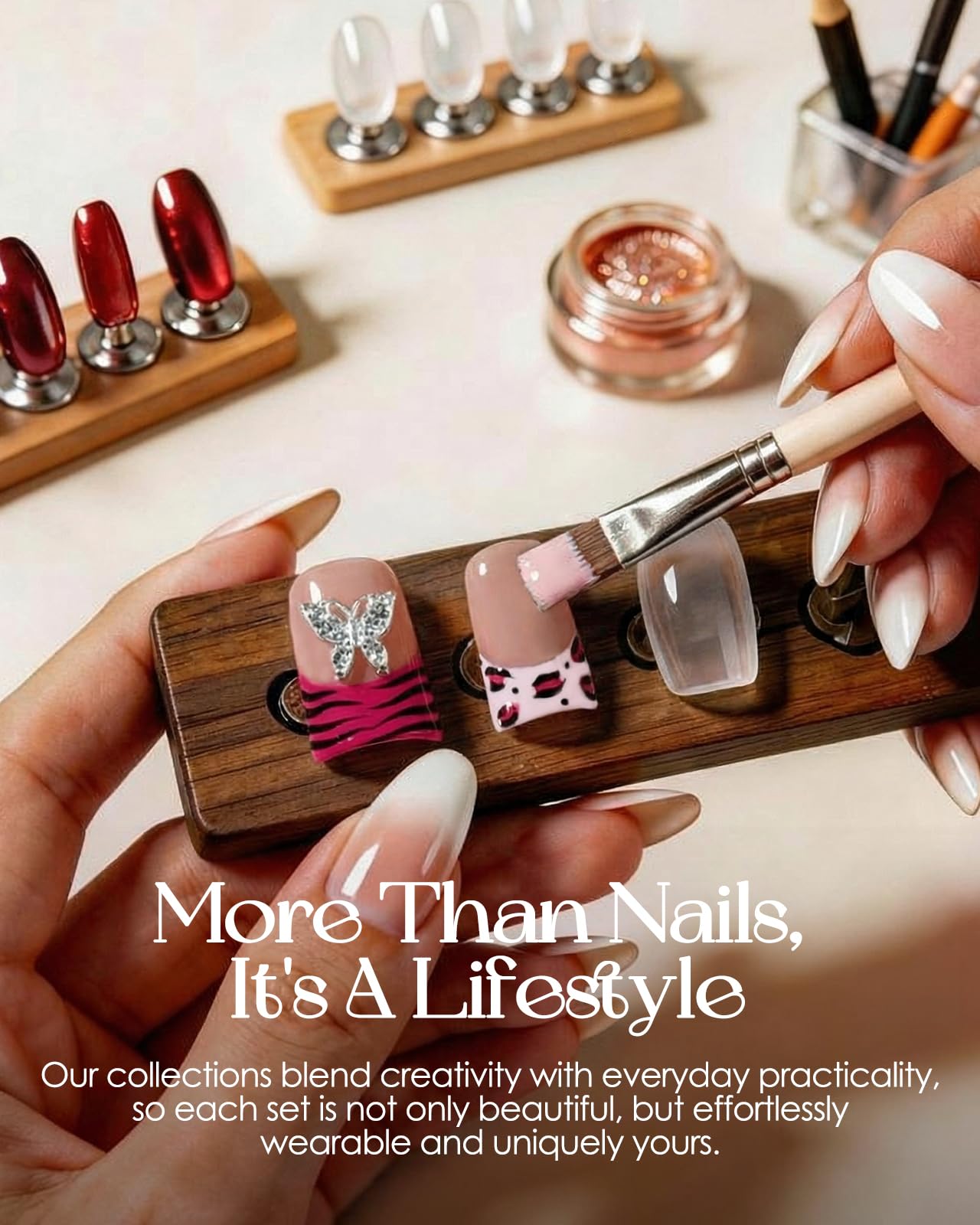 Buleens Handmade Press on Nails Acrylic Duck Nails-10pcs Short Edgy Y2K Pink Butterfly Star 3D Fake Nails Kits with Glue