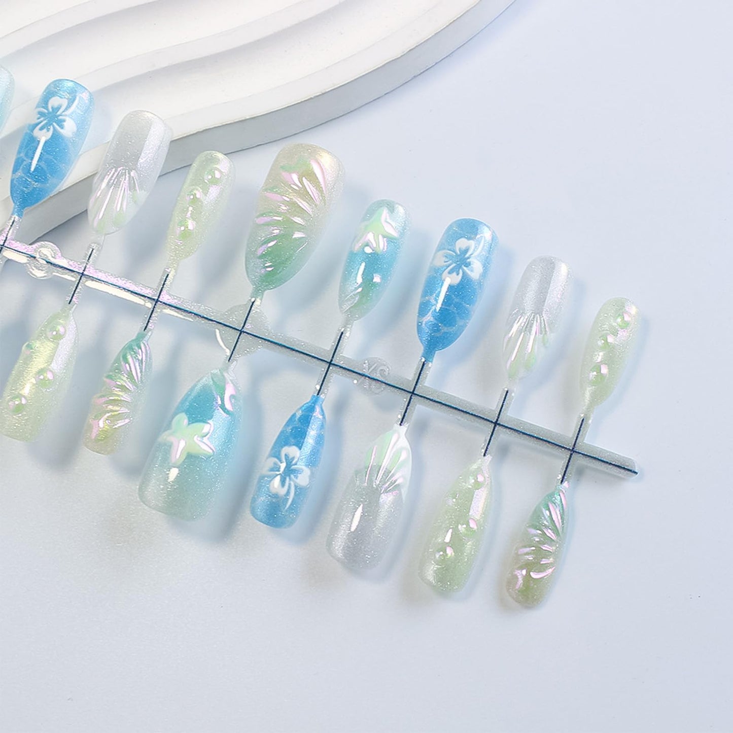 Ocean Press on Nails 3D Starfish False Nails with Seashell Design Medium Almond Fake Nail Glossy Sparkly Blue Gradient Glue on Nail White French Tips Stick on Fingernails for Women Summer Daily Wear