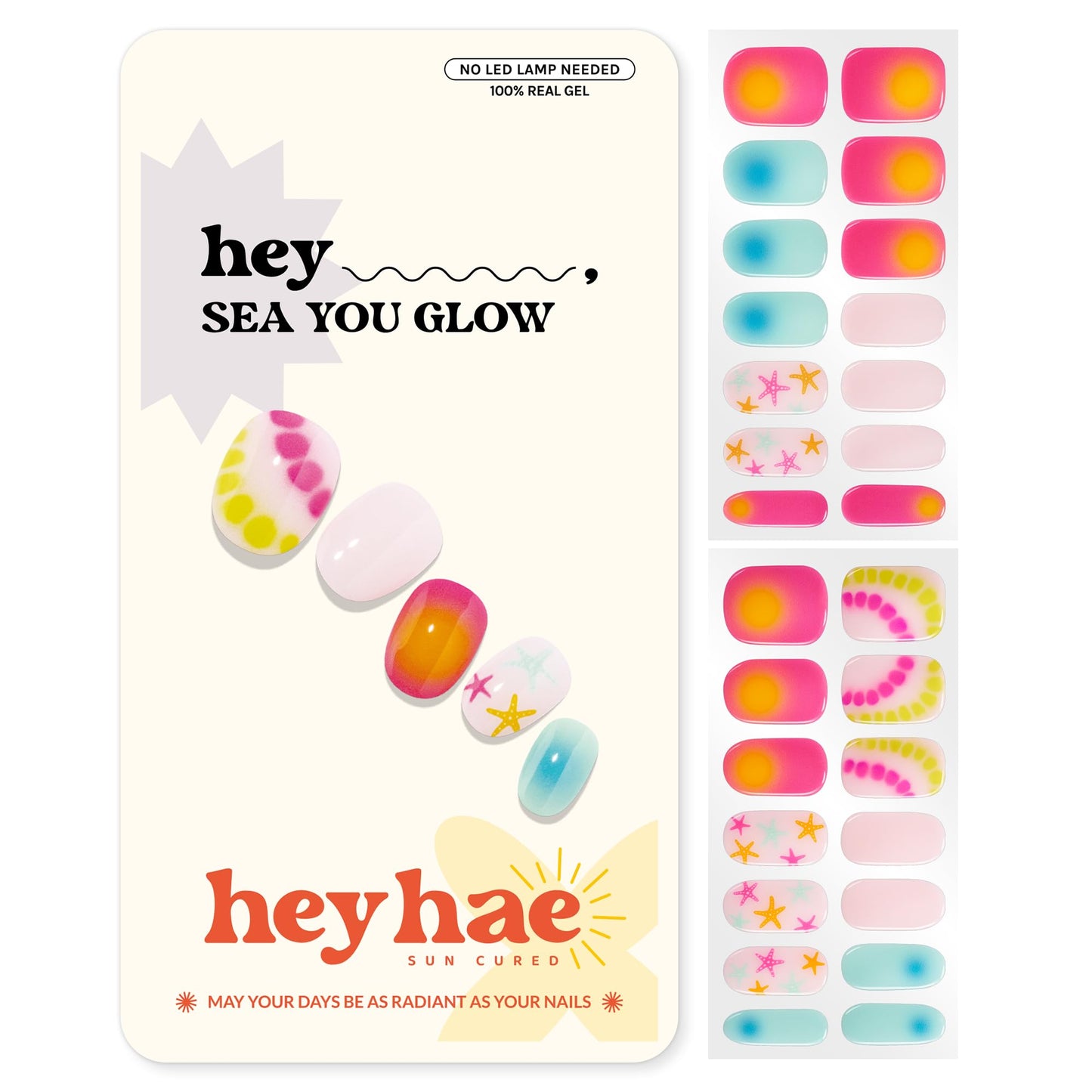 Heyhae Semi Cured Gel Nail Strips | No LED Lamp Needed |Neon, Ombre | Easy Apply & Remove, Salon Quality | Includes 28 Strips, 2 Prep Pads, Nail File & Wooden Stick - Hey, Sea You Glow