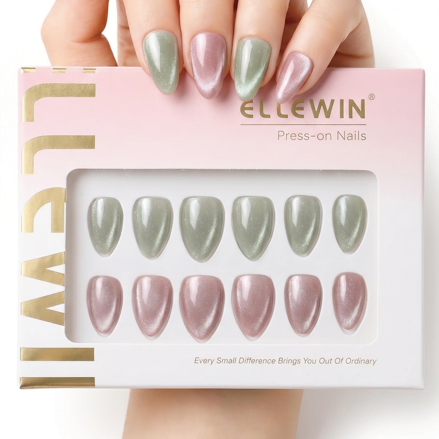 ELLEWIN 60 Pcs Cat Eye Press on Nails Medium Almond - Grass Green & Pink, 15 Sizes Acrylic Glossy Glitter Stick on Nails Set with Glue, Remover & Accessories for Women