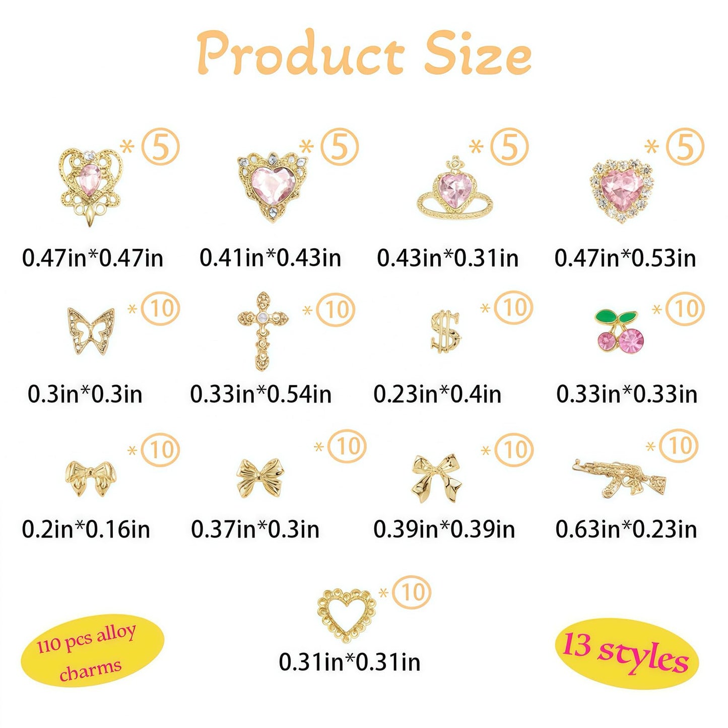 Pizadix 110 Pcs Gold Pink Nail Charms Y2K with Heart, Cherries, Bows, Butterflies, Guns, Crosses, Dollars