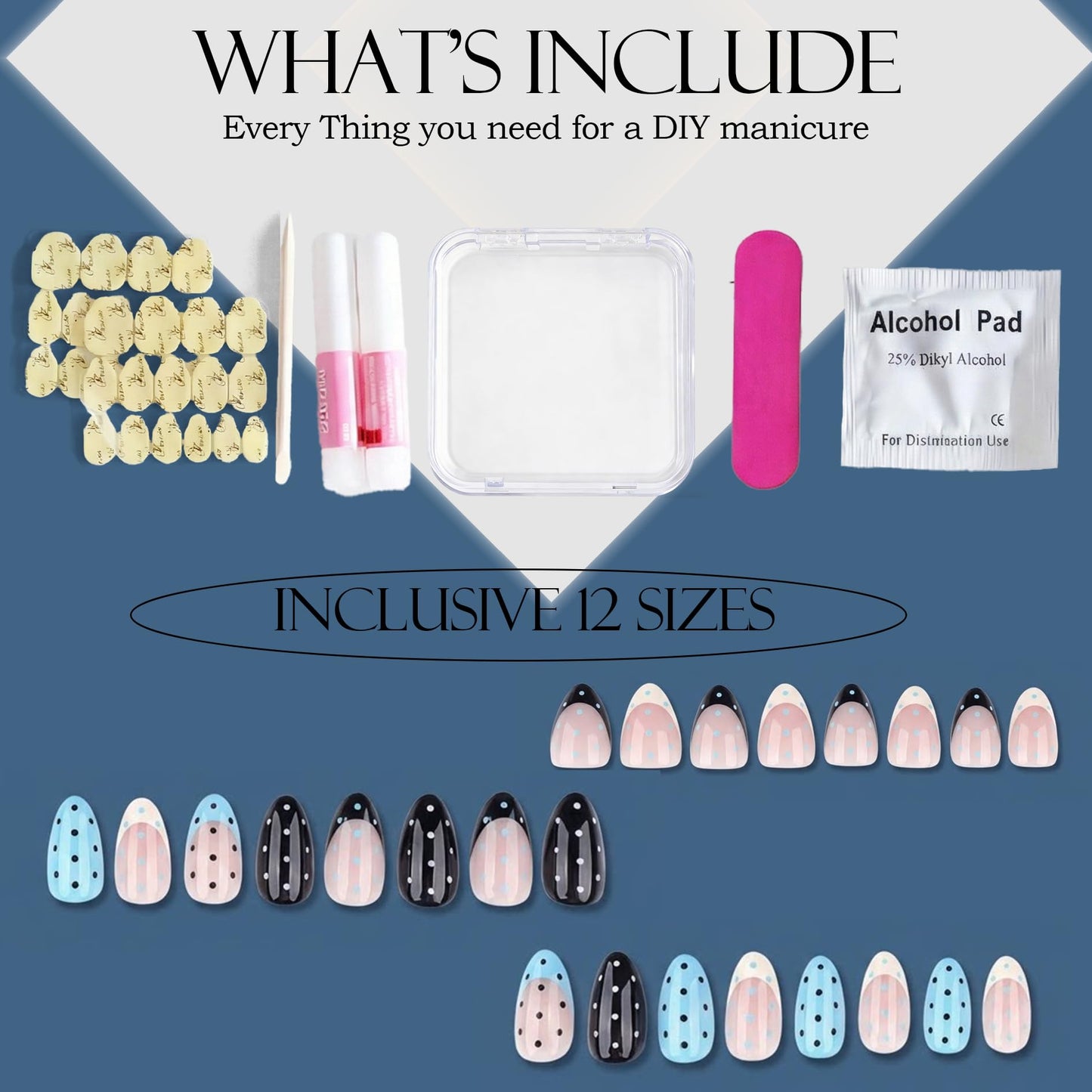 French Polka Dot Press On Nails, Medium Almond Shape, Black White Blue Colors, Waterproof Long Lasting, with Strong Glue & Adhesive Tabs, 24Pcs 12 Sizes, All-in-One Manicure Kit for Women by Nailinism