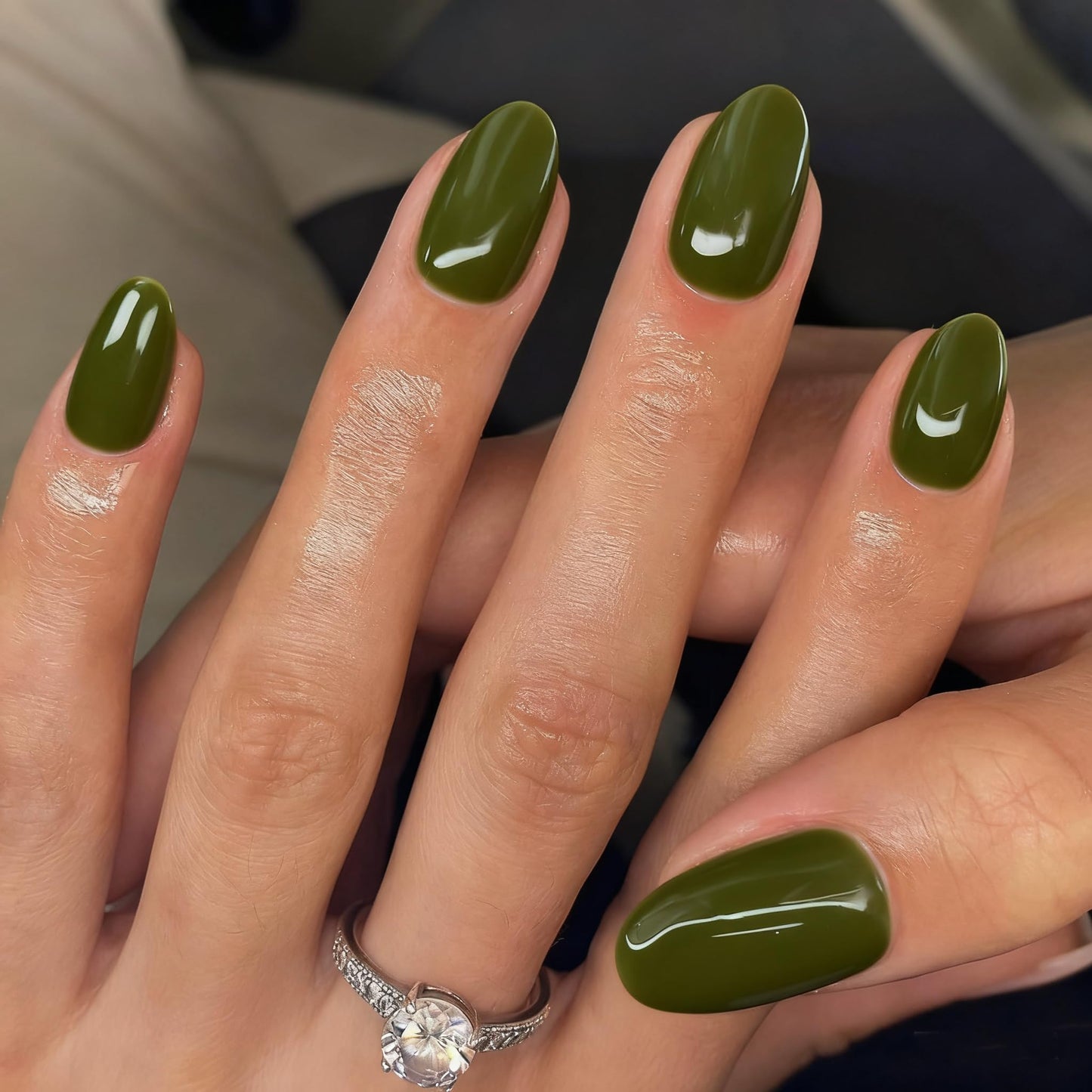 KQueenest Upgrade Thick Acrylic Press on Nails Short Oval, Olive Green Fake Nails for Women Daily Wear, UV Cover Acrylic Nails Press on Short Almond, Natural Fit Glue on Nails in 24 Pcs