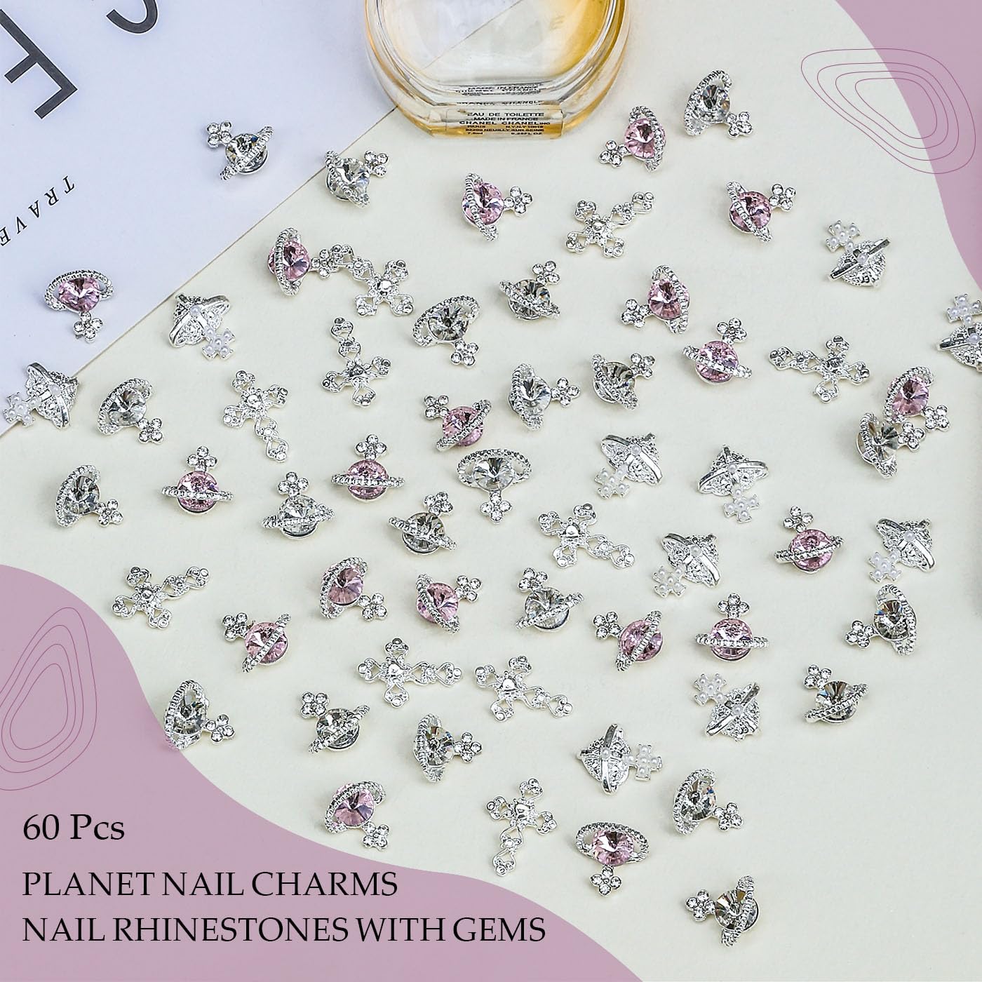 60pcs Planet Nail Charms with Gems, Y2K Sliver Cross Nail Art Charms, 3D Chrome Nails White Pink Saturn Shape Shiny Rhinestones Nail Supplies, Crystal Acrylic Charm for Women