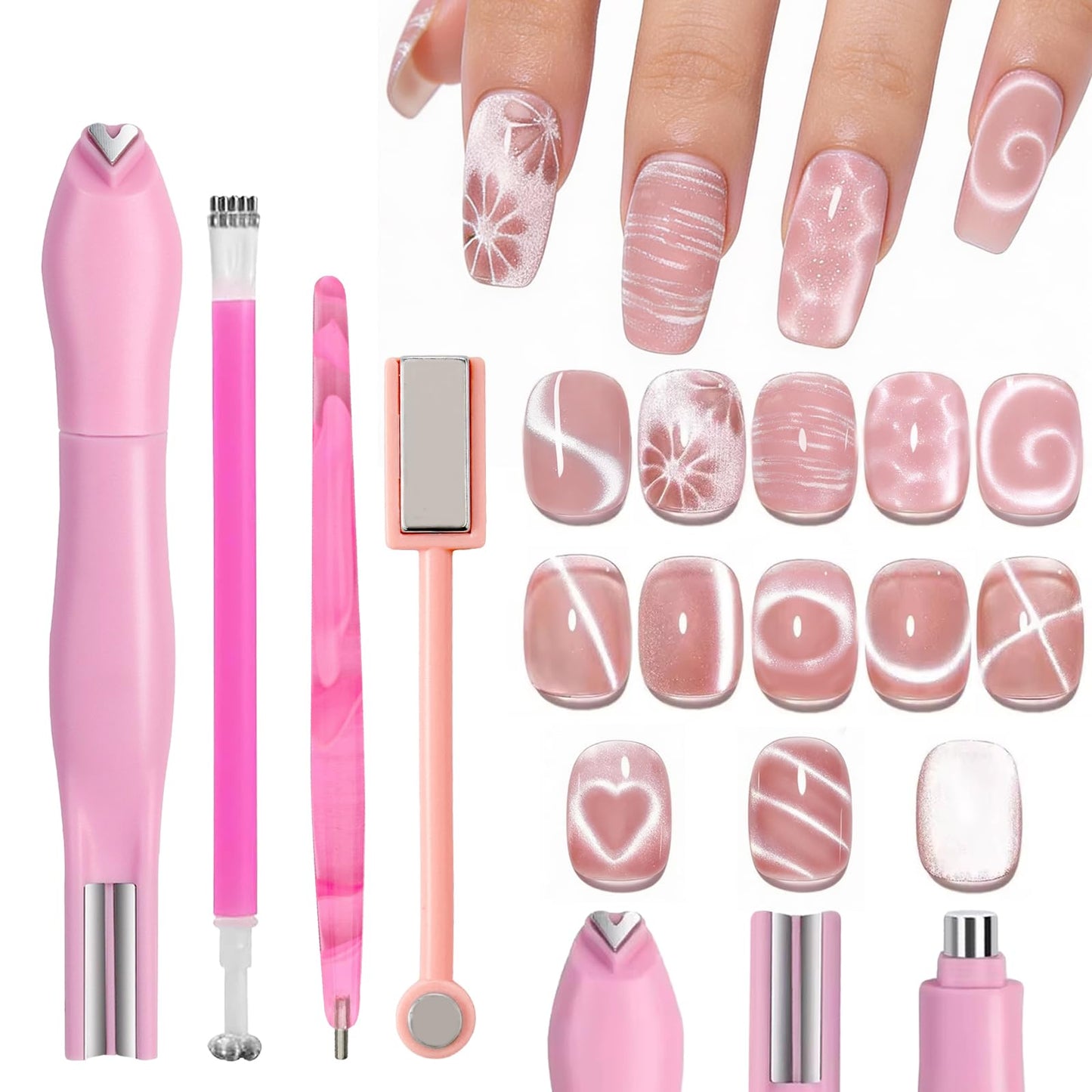 YECIRALA 4 Pcs Pink Nail Art Cat Eye Magnets For Nails, 3 In 1 Heart Nail Magnet Pen And 3 Unique Versatile Cateye Magnet Tool For Nail Art, Heart, Lines & Flower Effect Gel Nail Polish Magnet