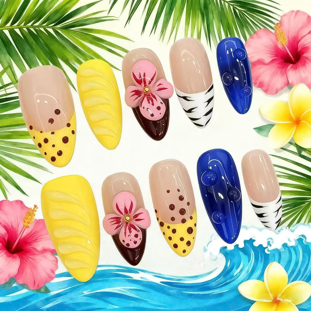 Tesytto Medium Almond Press on Nails – 3D Flower & Water Drop, Yellow French Tip Blue False Nails, Tropical Hawaiian Polka Dot Style Stick on Nails (Big Island-A,S)