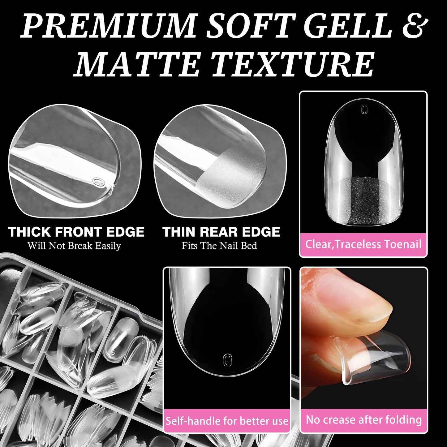 AddFavor Medium Oval Gel Nail Tips, 600pcs Round Acrylic Nail Tips Full Cover Clear Press on Nails False Tips for Nail Extension, 12 Sizes Fake Nails