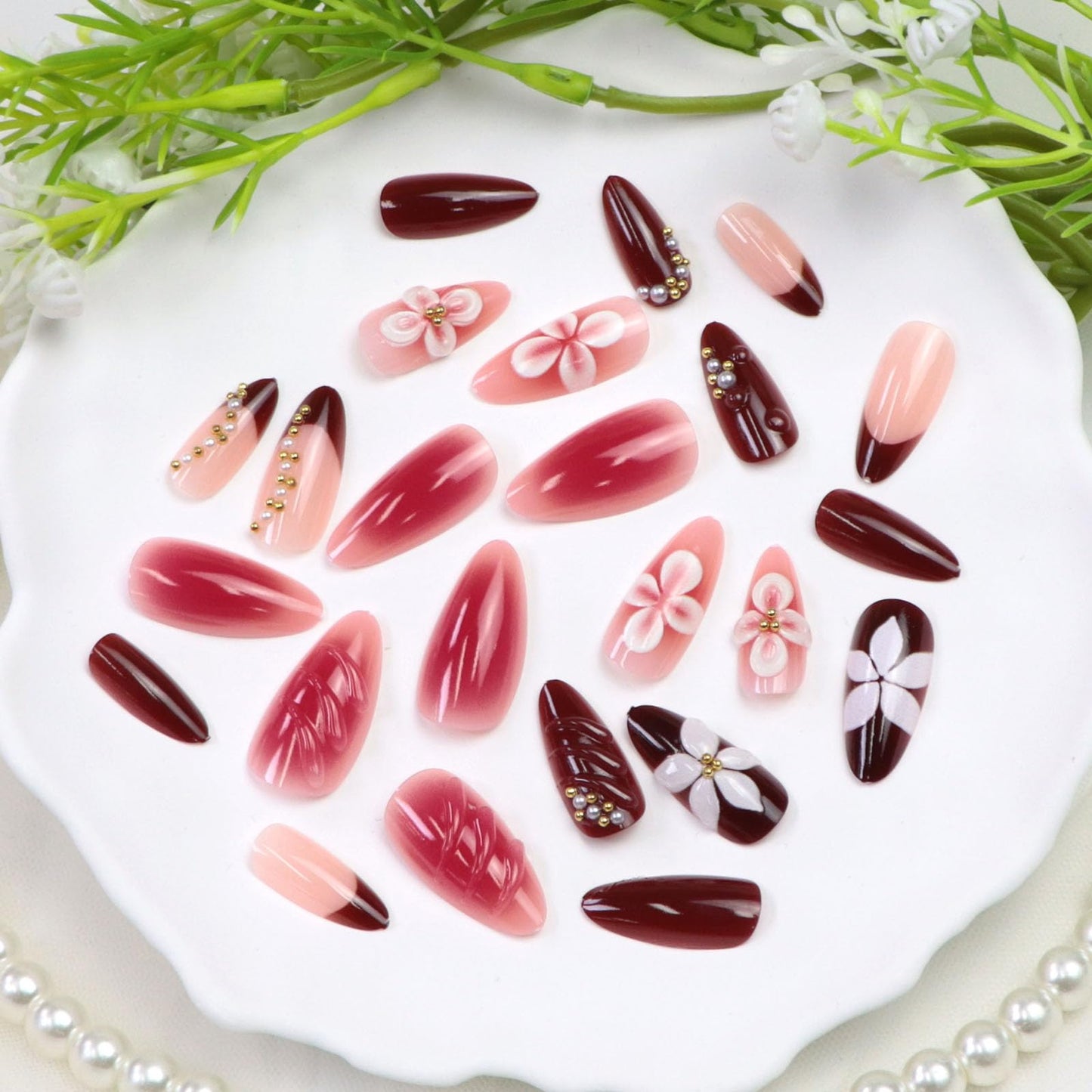 Press on Nails Almond Medium Fake Nails Blush Acrylic Nail 3D Water Ripples Pearls Flowers Designs French Glue on Nails Press ons Brown Stick on Nails for Women 24Pcs
