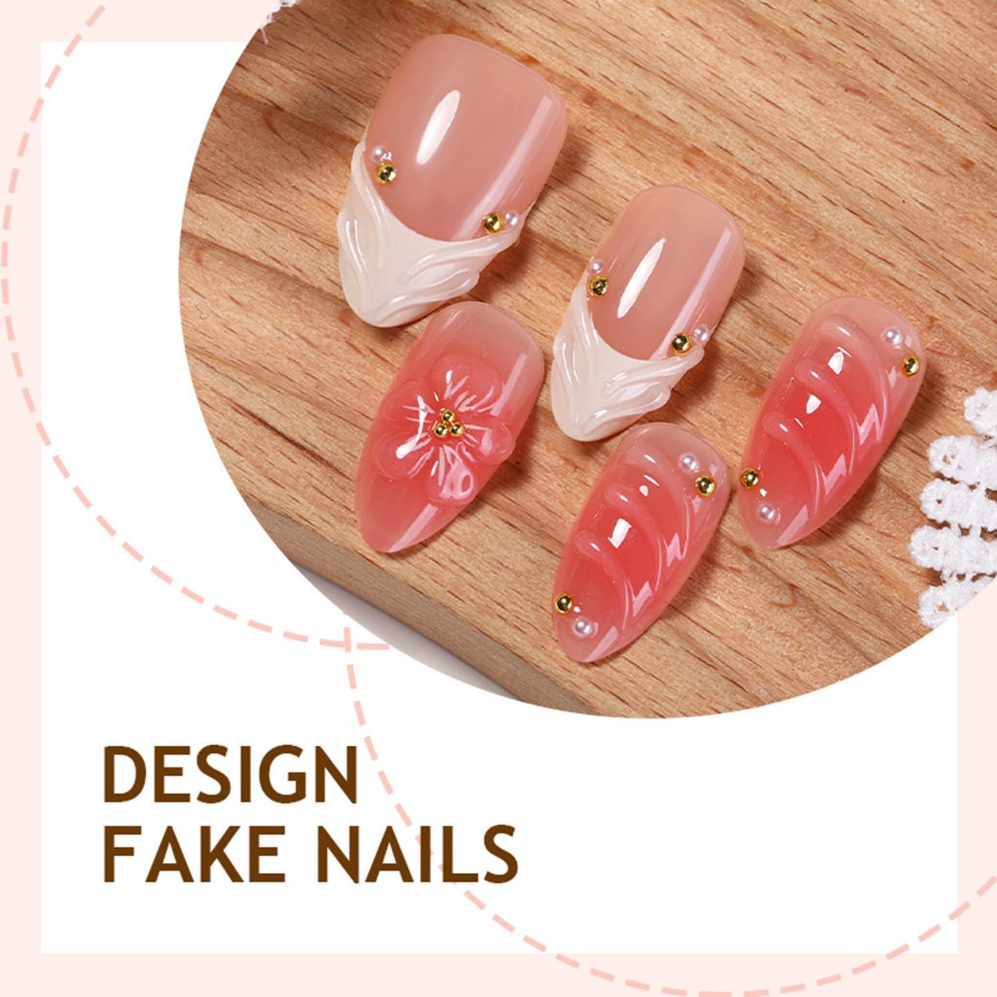 3D Flower Medium Almond False Nails HZJXRT Press on Nails 24 Pcs Curve Line Acrylic Fake Nail Blush Gradient Gel Glue on Nail Glossy White French Tips Stick on Fingernail for Coquette Women Gift
