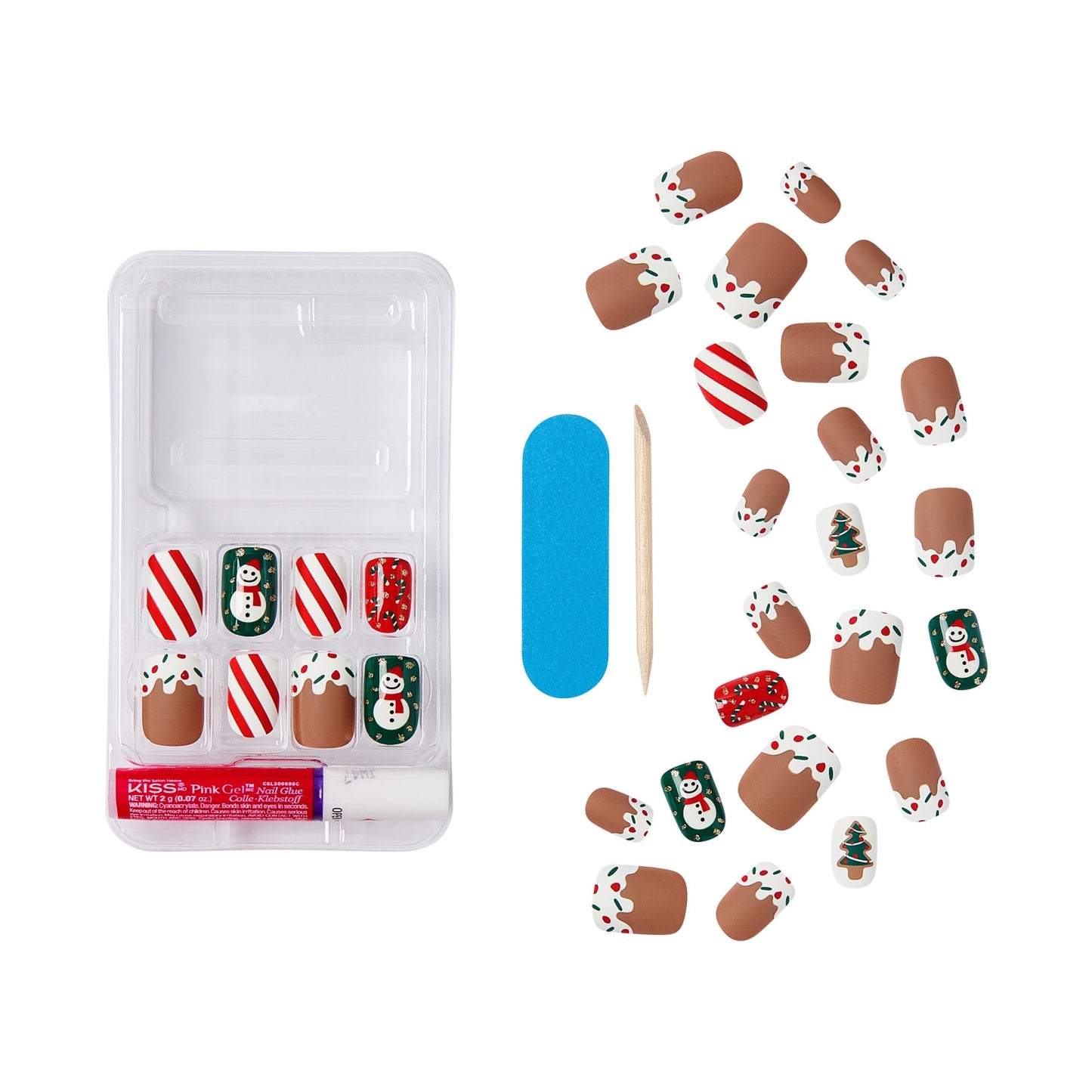 KISS Voguish Fantasy Holiday Press On Nails, ‘Snow Pops’, Multicolor, Short Squoval, No Damage To Natural Nails, Pink Gel Nail Glue (2g), Mini Nail File, Manicure Stick, & 28 Fake Nails