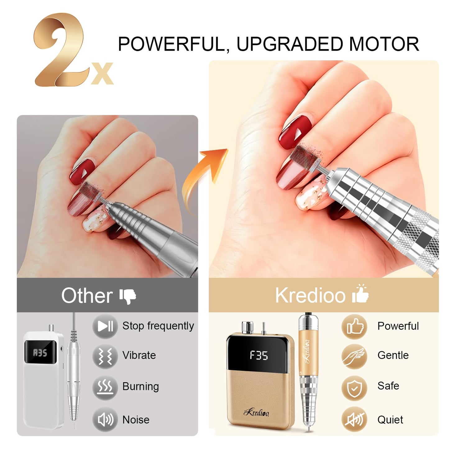 Kredioo Portable Nail Drill 35000 RPM, Rechargeable Electric Nail File E File Kit with Storage Bag Professional Manicure Kit for Nail Lovers Salon Home DIY -Gold
