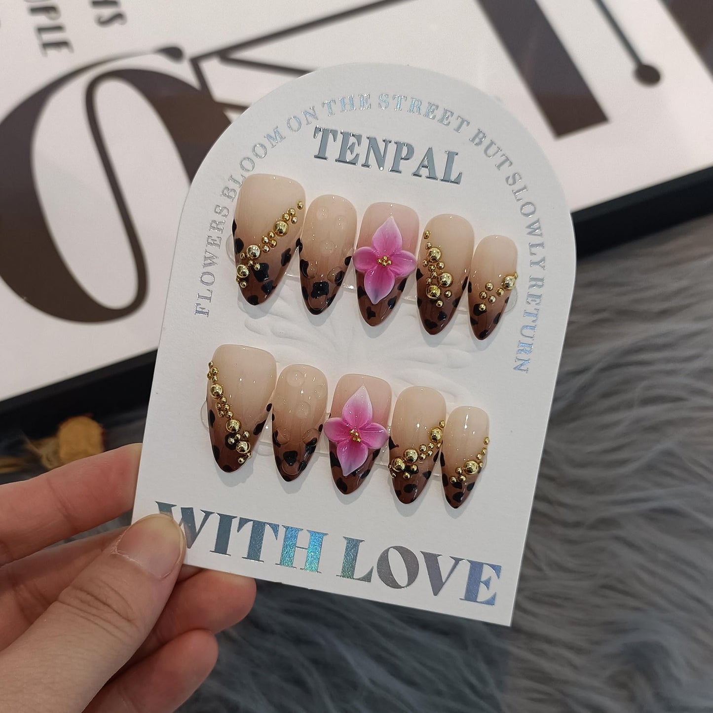 TENPAL 10-Piece Almond Press-On Nails Kit,Sexy Leopard French Tips Fake Nails with 3D Gold Beads & Pink Flowers,Brown Y2K Nails for Women, Edgy Yet Cute Daily Wear False Nails with All Tools(L)