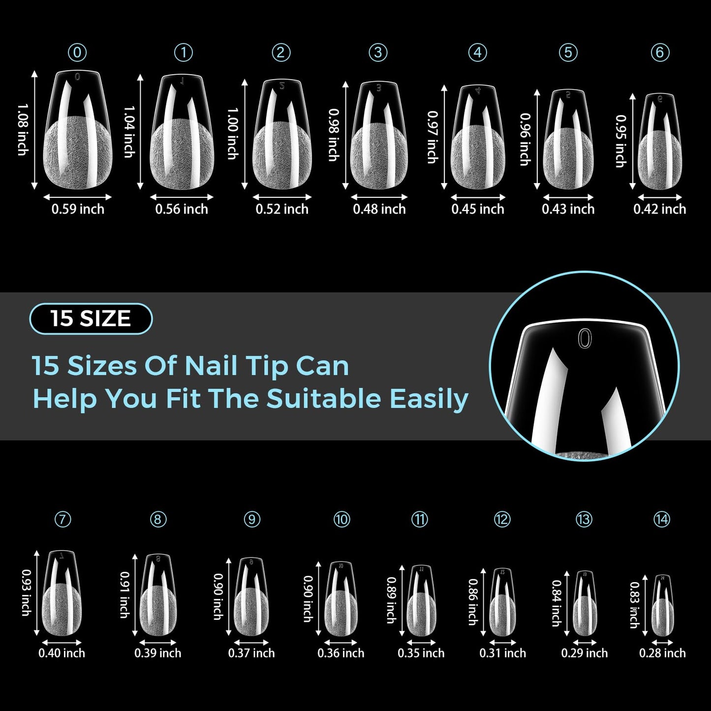 TOMICCA Medium Coffin Nail Tips 510PCS, 15 Sizes Coffin Nails Tips Full Cover Half Ultra Matte Pre-Shaped Clear Acrylic Nail Tips for DIY Salon, Gel Nail Extension Tips for Beginners & Nail Techs