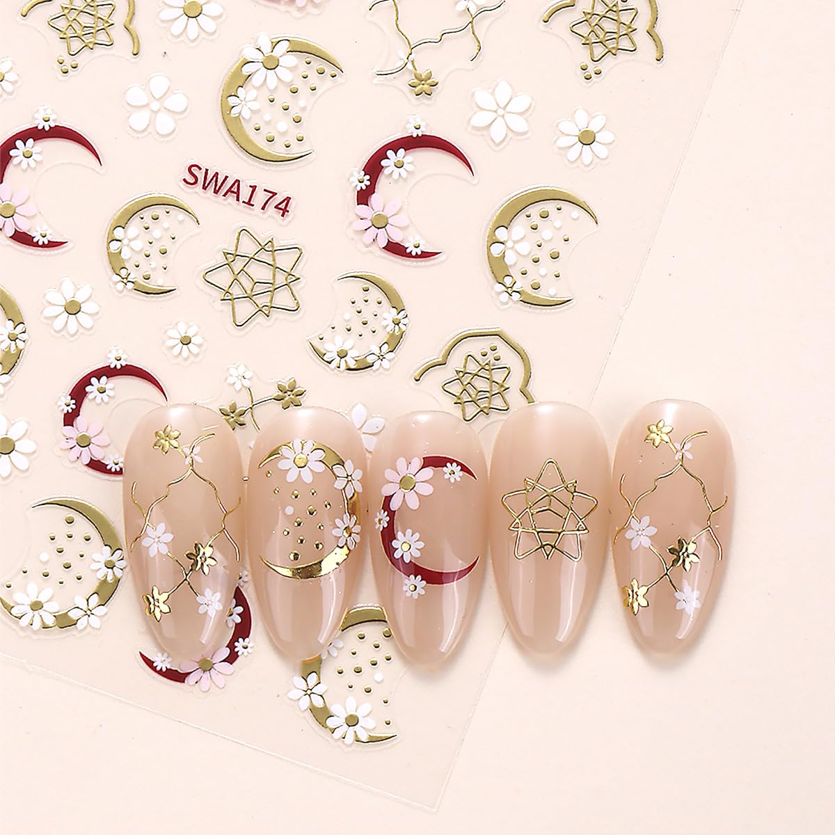 4 Sheets Flower Nail Stickers for Nail Art Pink Yellow Daisy Nail Decals Glitter Gilding Moon Nail Design Stickers 3D Self-Adhesive Flower Acrylic Nails Art Supply for Women Manicure Decorations Tips