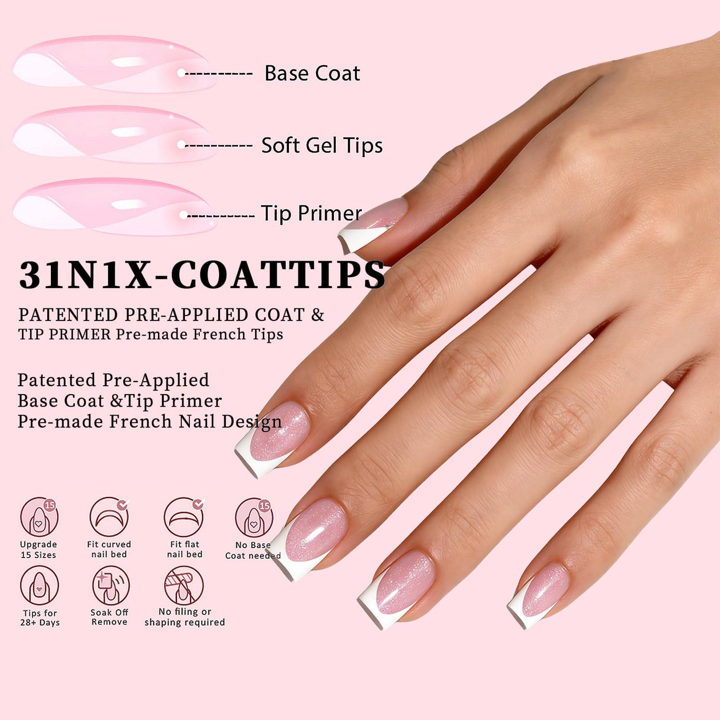 Dsixnails French Tip Press On Nails, 150Pcs Pink Short Square Gel Press on Nails, Glitter Base Pre-Lasting Acrylic Fake Nails, Soak Off Acrylic Full Cover Nails Extension for Women Girl 15Sizes