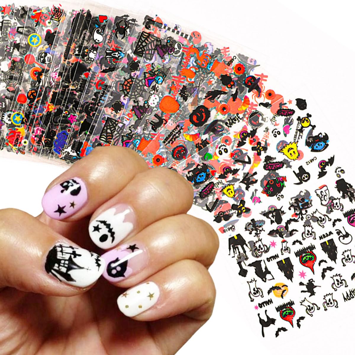 24 Sheets Halloween Nail Art Stickers 3D Self-Adhesive Nail Decals Ghost Pumpkin Bat Cat Skull Nail Designs Sticker Spooky Witch Spider Ghost Nail Stickers for Women Girls Acrylic Manicure Supplies