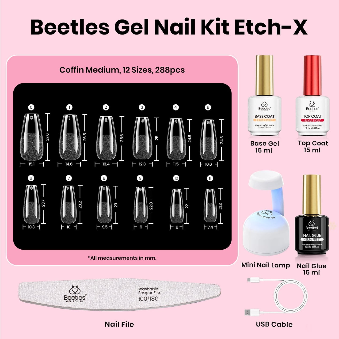 Beetles Gel Nail Kit Etch-X, Coffin Medium, 288pcs 12 Sizes Nail Tips, 3Pcs 15ml HEMA-Free Nail Glue Top Coat & Base Gel Set, with Mini Lamp, Press On Nail, Long Lasting Extension DIY Set at Home