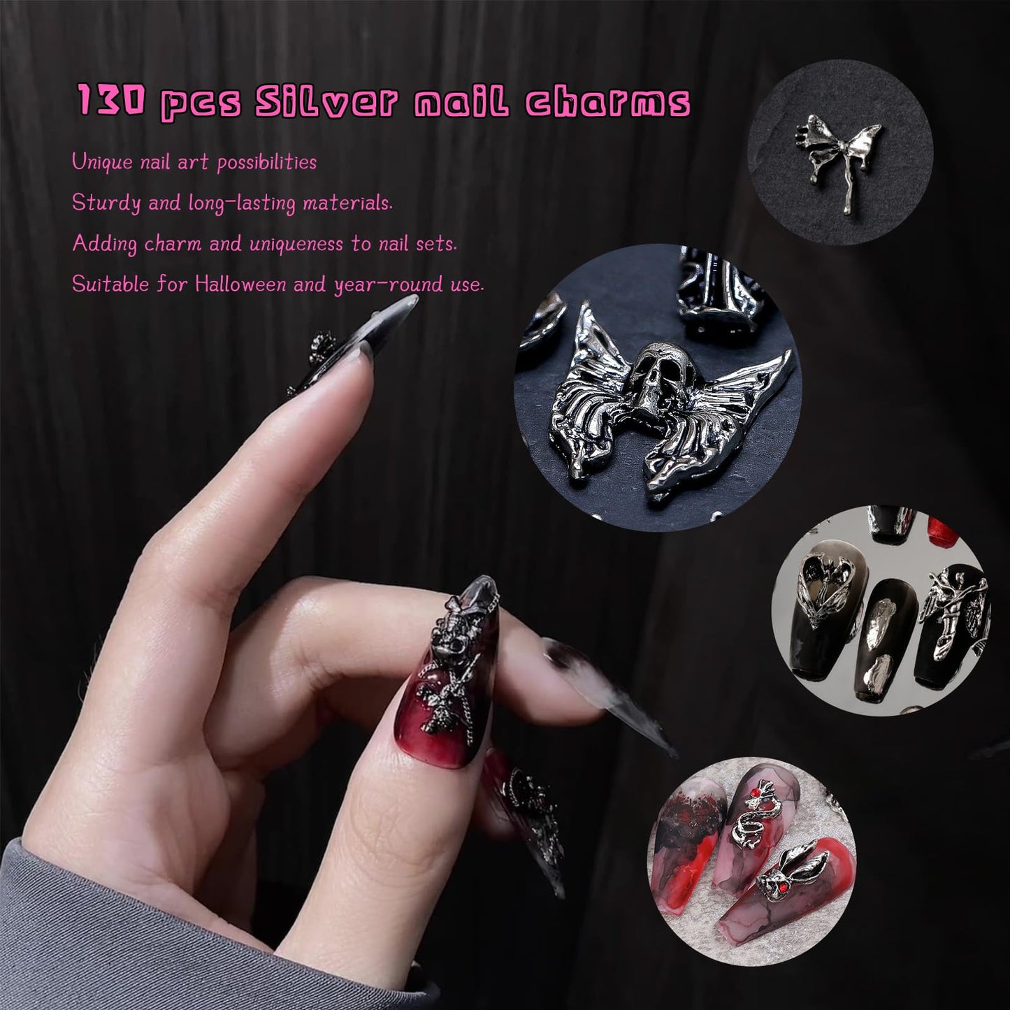 130pcs 3D Silver Goth Nail Charms Y2K Chrome Nails Art & DIY Punk Bracelet Accessories, Vintage Alloy Cross Butterfly Heart Skull Acrylic Charm for Women Nails, Metal Necklace Supplies