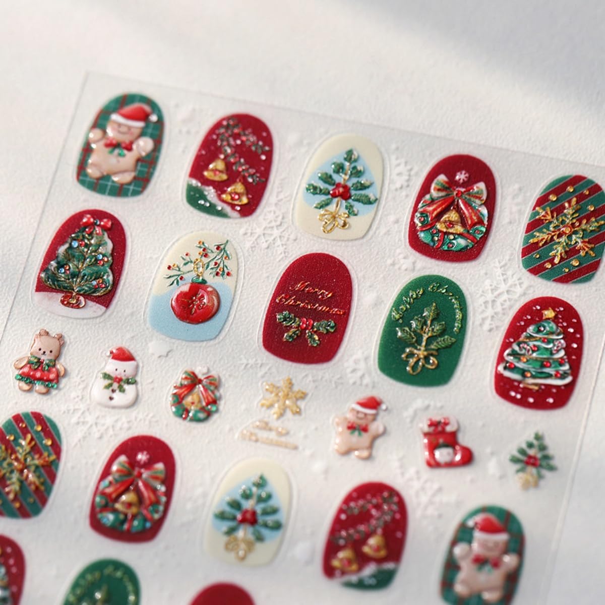 Christmas Nail Sticker 5D Embossed Snowman Xmas Tree Bell Nail Art Sticker Self Adhesive Nail Decals Gold Snowflake Nail Art for Women Manicure Supplies Nails Art Decorations