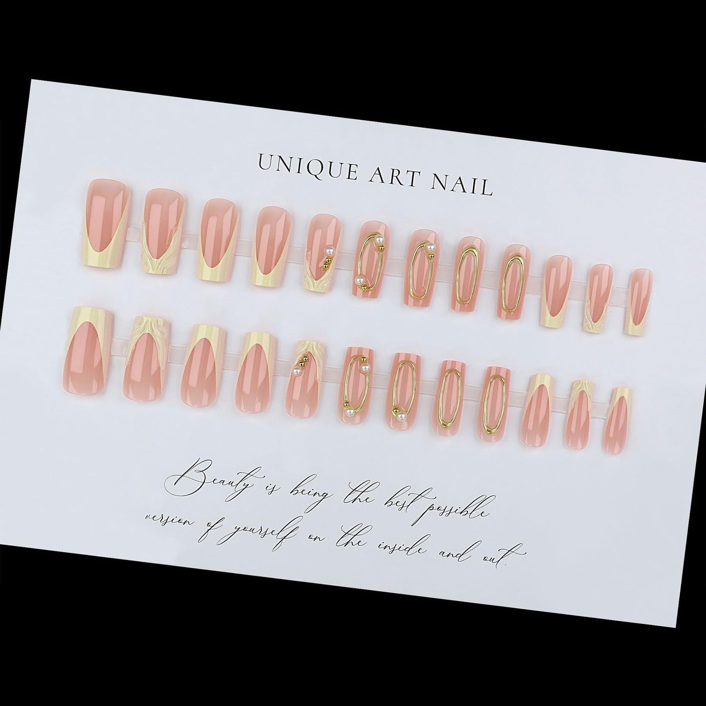 Medium Press on Nails Square Fake Nails with Gold Hollow-Out Pearl Design French Tip False Nails Press ons Glossy Full Cover Acrylic Nails Reusable Artificial Nails for Wommen Girls